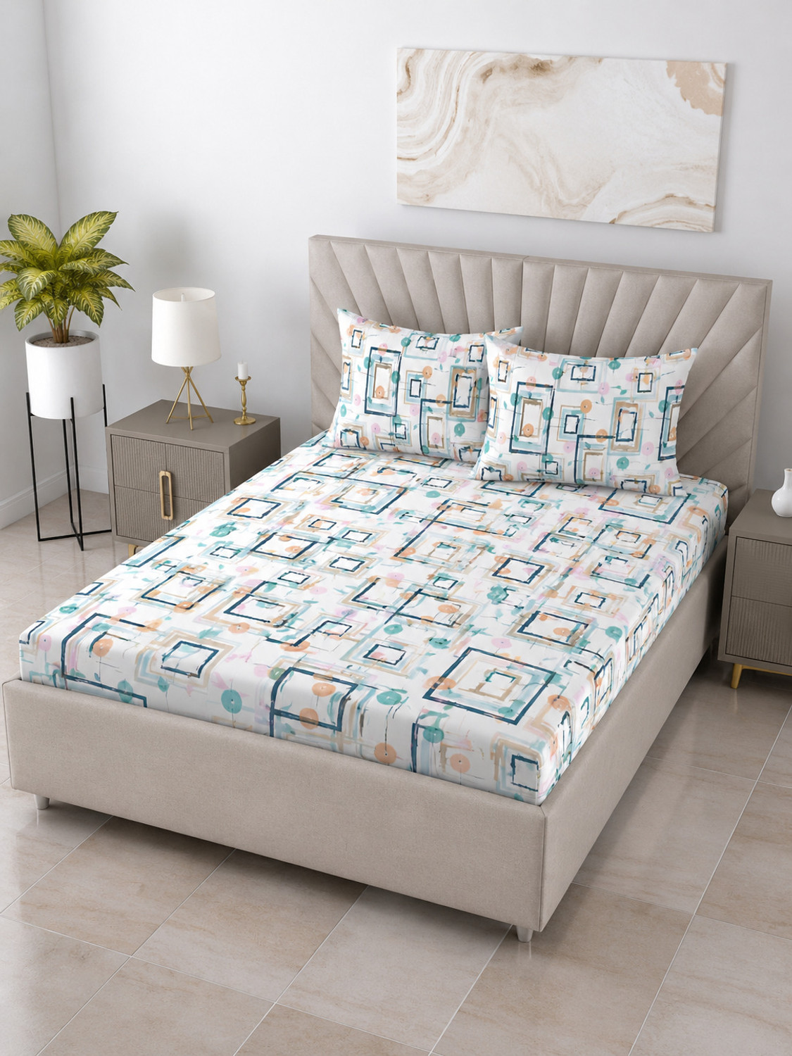 Image of Bombay Dyeing Cotton Double Flat 120 TC Geometric 1 Bedsheet with 2 Pillow Covers