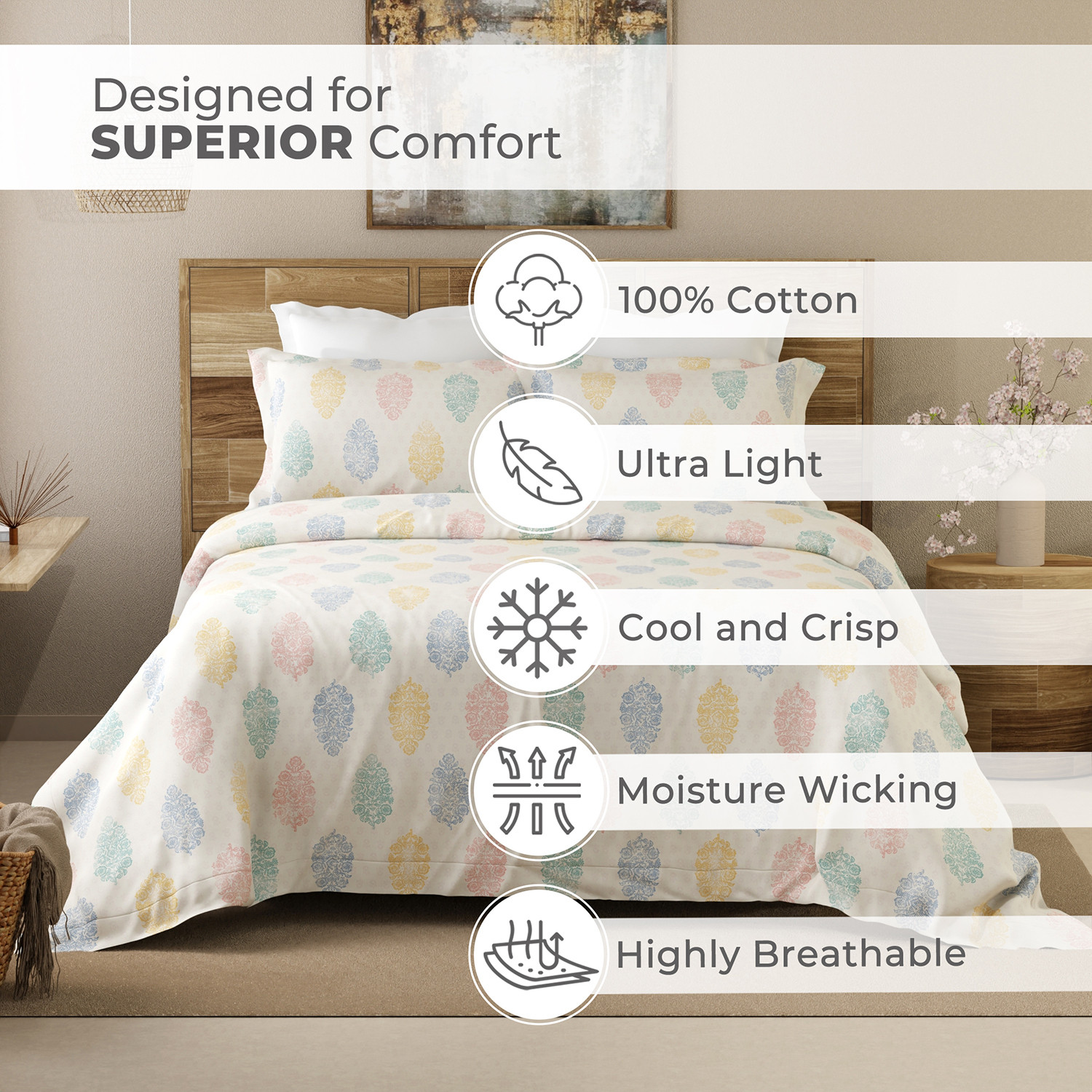 Image of Layers Cotton Double Flat 144 TC Printed 1 Bedsheet with 2 Pillow Covers