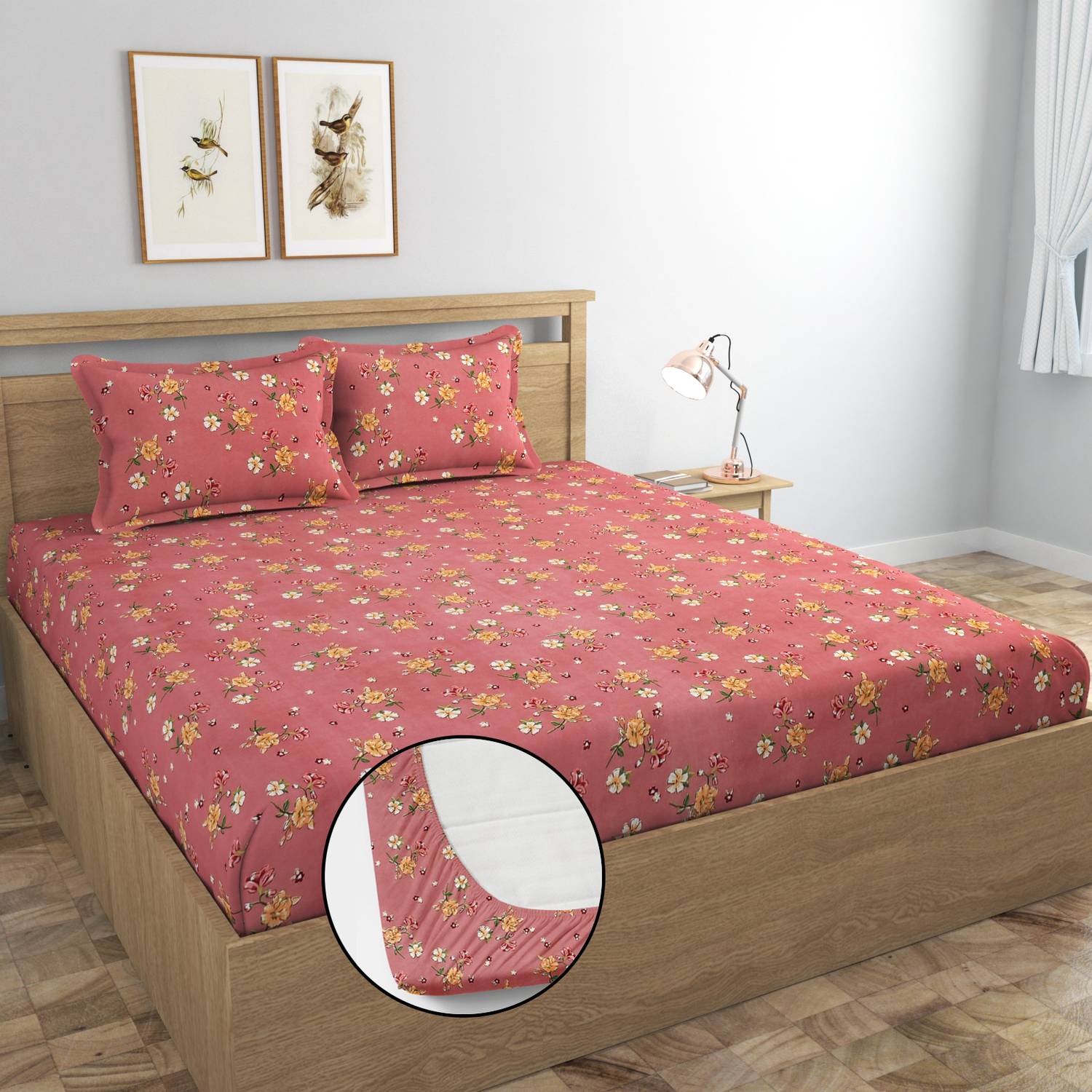 AMEYAA Cotton Double Fitted (Elastic) 320 TC Printed 1 Bedsheet w