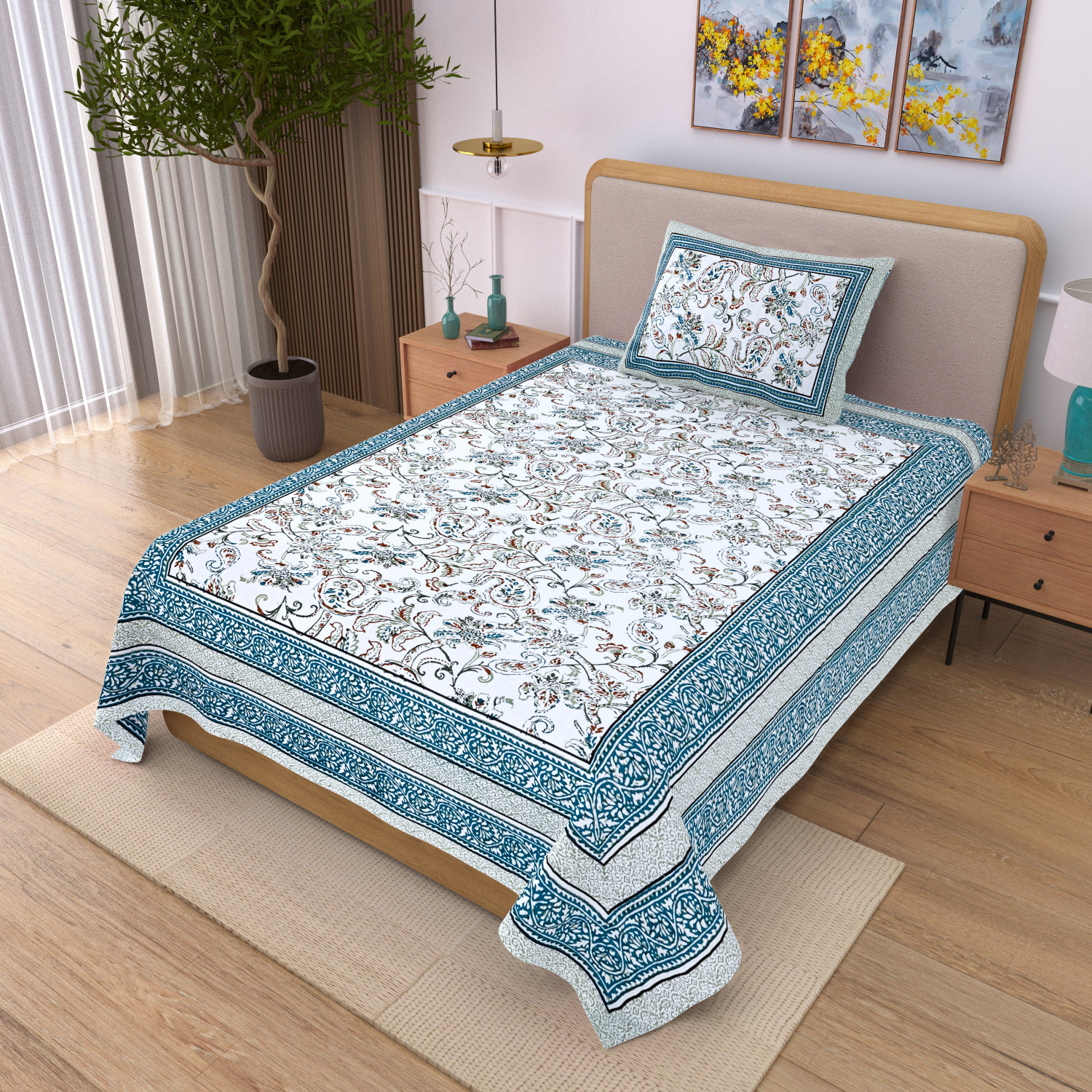 Image of EasyGoods Cotton Single Flat 240 TC Floral 1 Bedsheet with 2 Pillow Covers