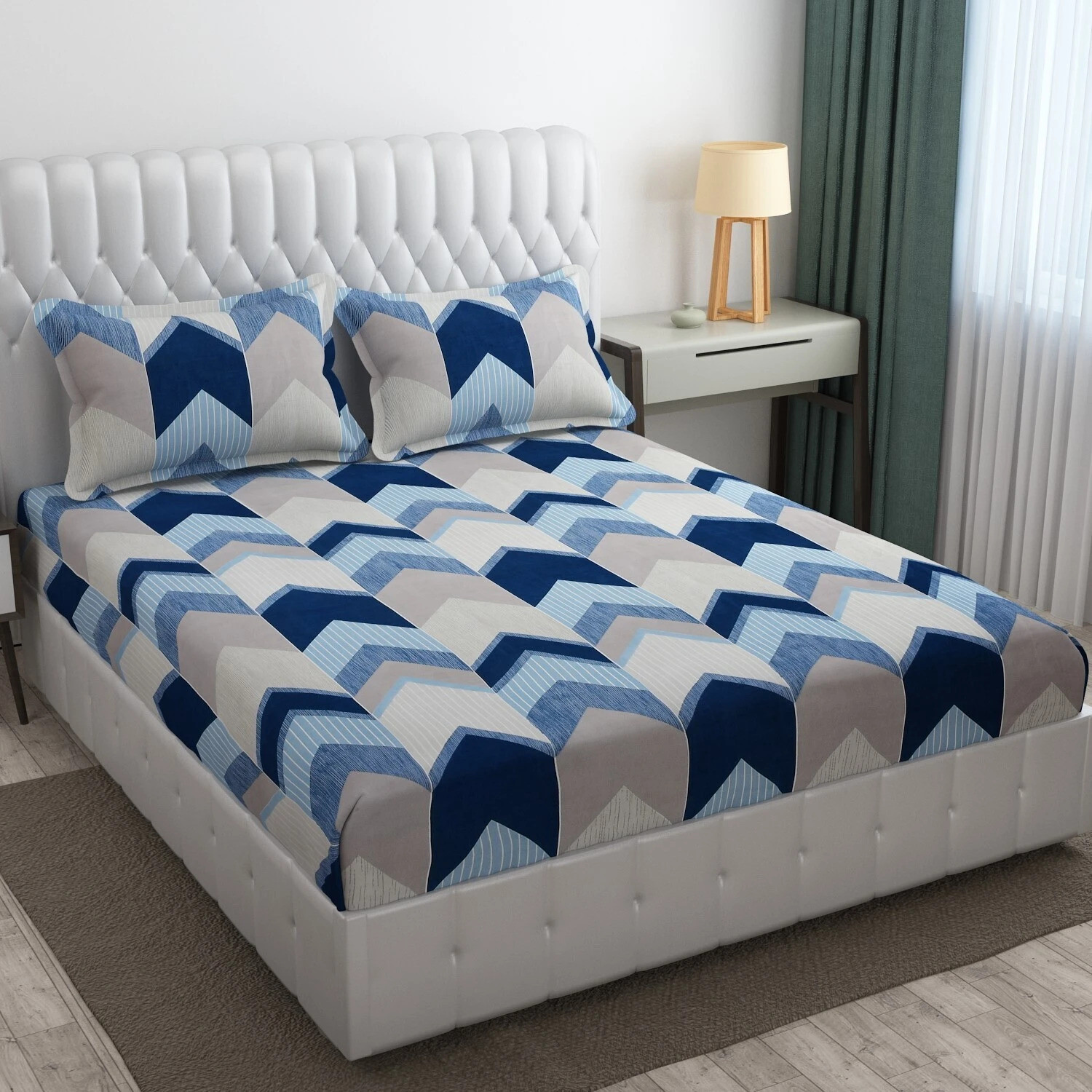 Image of Cotton Bolls Textiles Cotton King Fitted (Elastic) 300 TC Printed 1 Bedsheet with 2 Pillow Covers