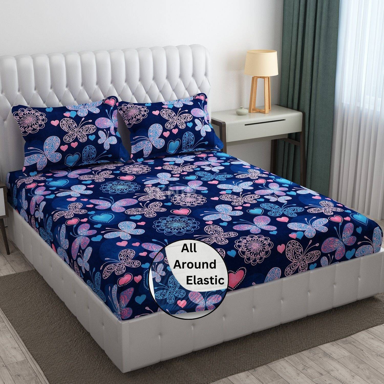 Adidev Cotton Double, King Fitted (Elastic) 250 TC Floral 1 Bedsheet with 2 Pillow Covers