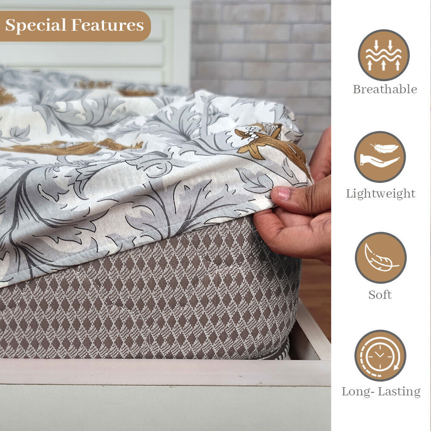 Image of Divine Casa Cotton Double Fitted (Elastic) 144 TC Floral 1 Bedsheet with 2 Pillow Covers