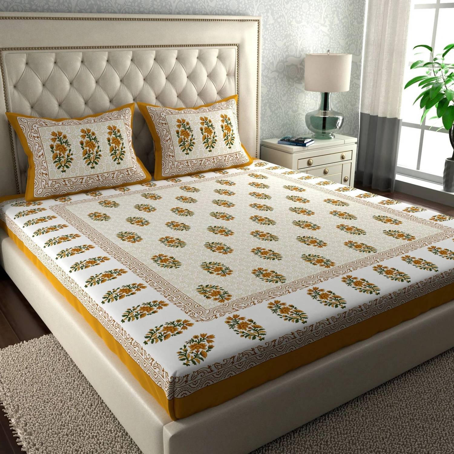 CLOTHOLOGY Cotton Double Flat 144 TC Jaipuri Prints 1 Bedsheet wi