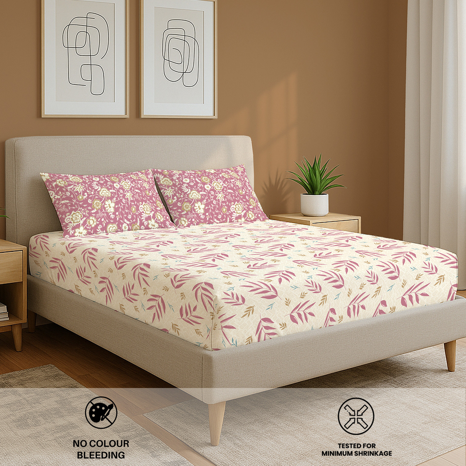 Image of Urban Space Cotton King Fitted (Elastic) 144 TC Printed 1 Bedsheet with 2 Pillow Covers