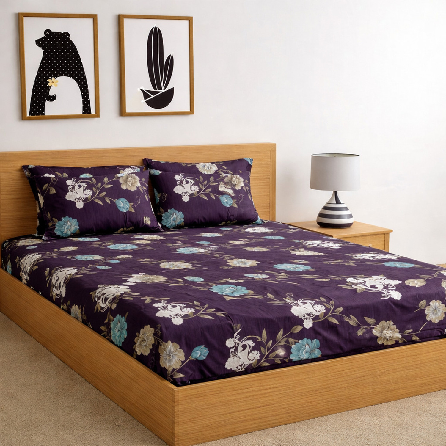Image of KURRY HOME FURNISHING Microfiber King Fitted (Elastic) 250 TC Abstract 1 Bedsheet with 2 Pillow Covers, 2 Cushion Covers
