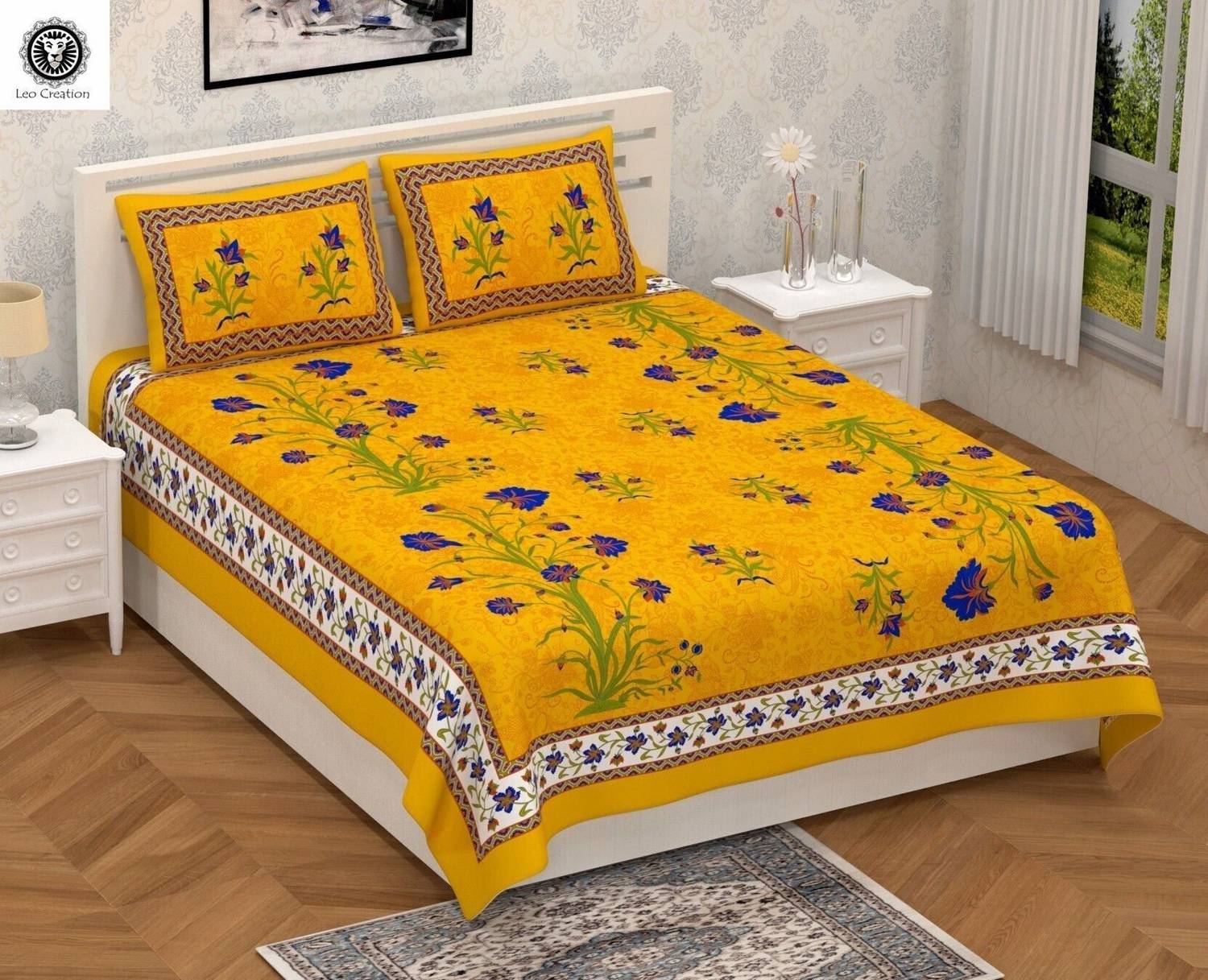 Leo Creation Cotton Double Flat 144 TC Jaipuri Prints 1 Bedsheet