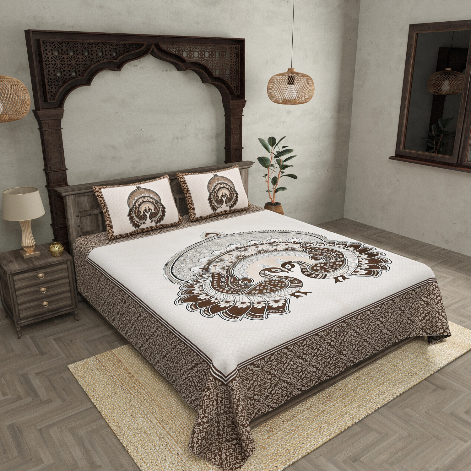 Image of JAIPUR FABRIC Cotton Double Flat 180 TC Printed 1 Bedsheet with 2 Pillow Covers