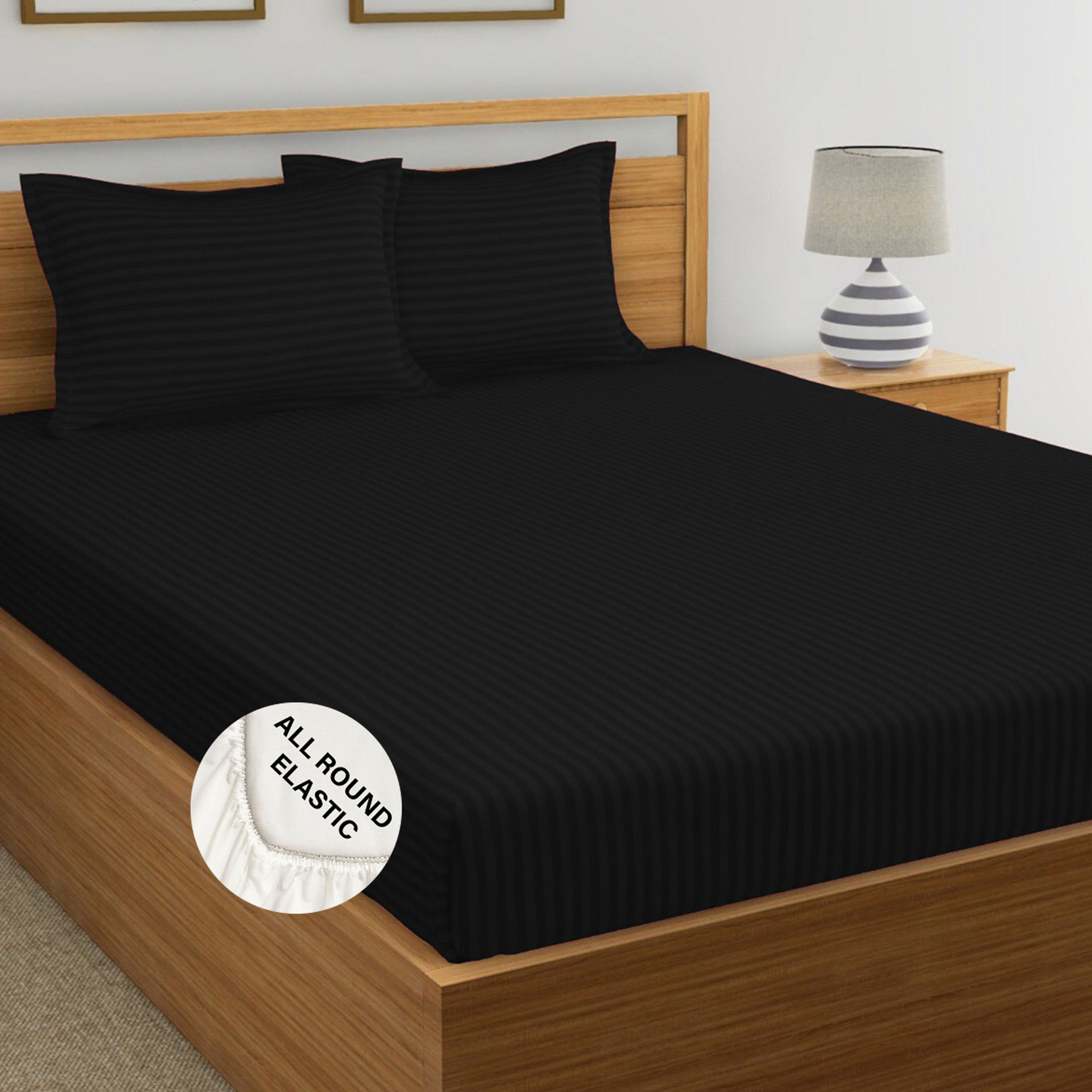 Image of Weave & Decor Microfiber Super King Fitted (Elastic) 300 TC Striped 1 Bedsheet with 2 Pillow Covers