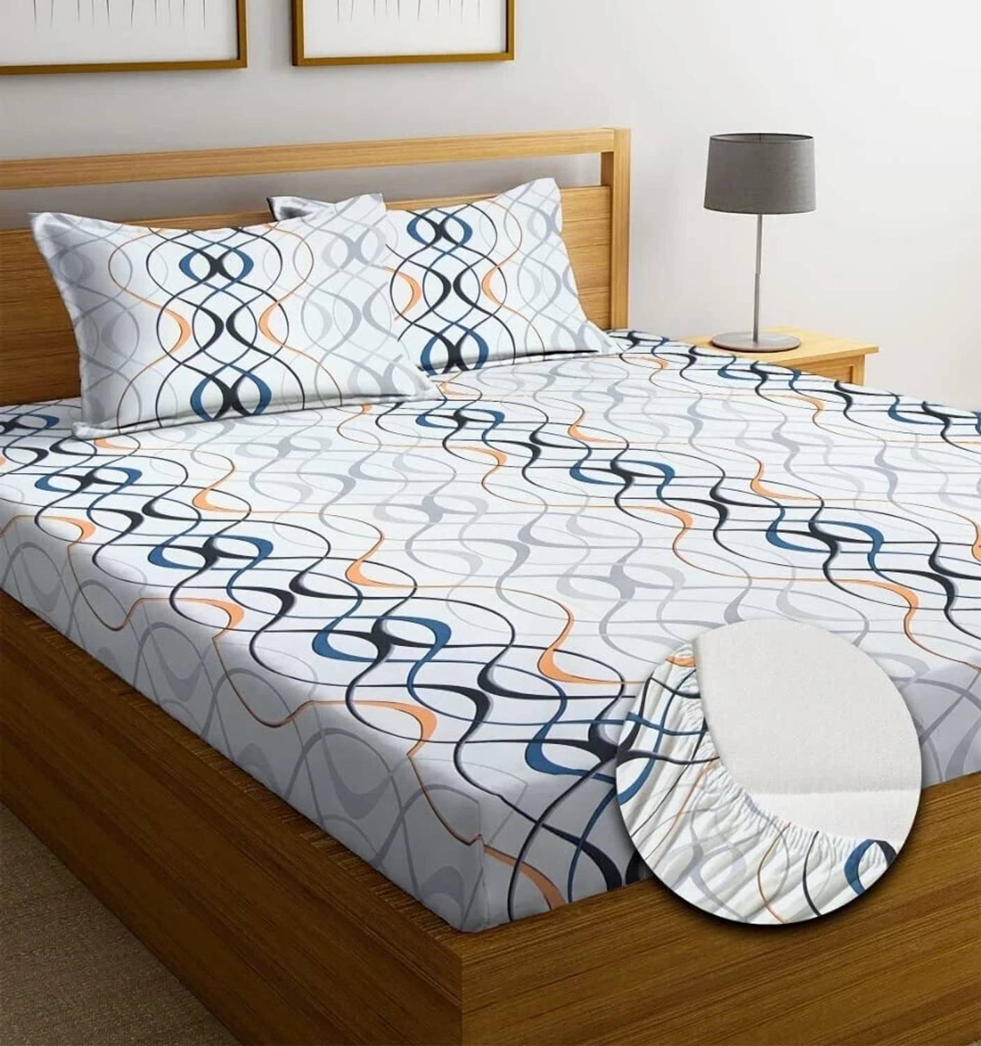 aryan fab Cotton Super King Fitted (Elastic) 250 TC Printed 1 Bedsheet with 2 Pillow Covers