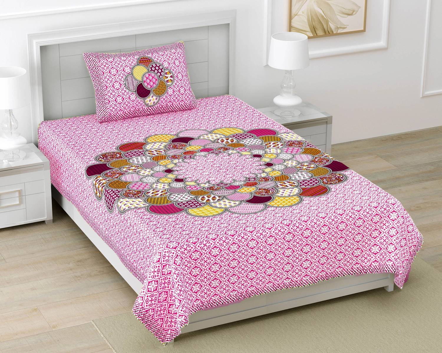 BharatLinen Cotton Single Flat 144 TC Jaipuri Prints 1 Summer Bedsheet