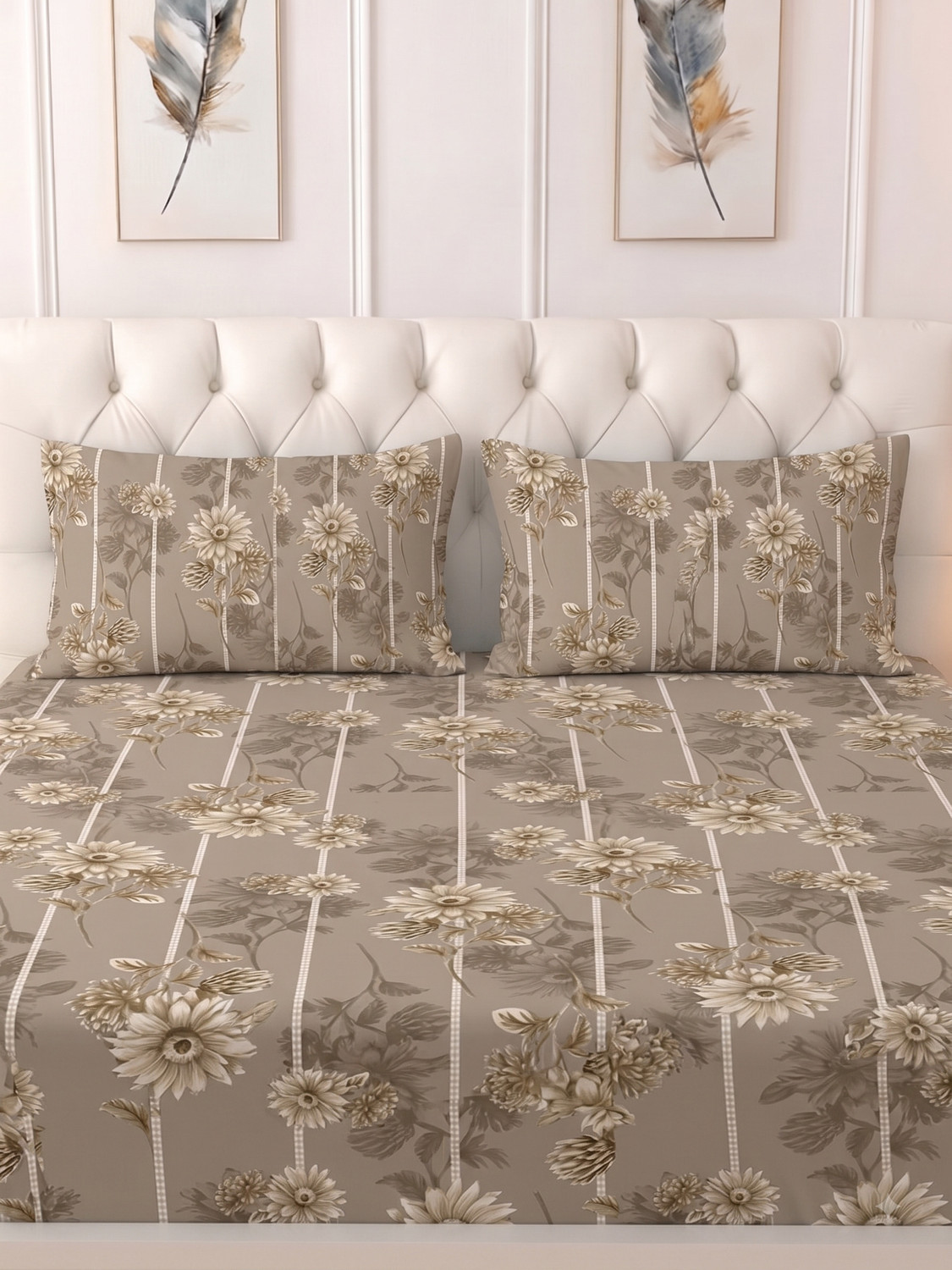 Image of Raymond Home Microfiber Double Flat 110 TC Floral 1 Bedsheet (Brown)