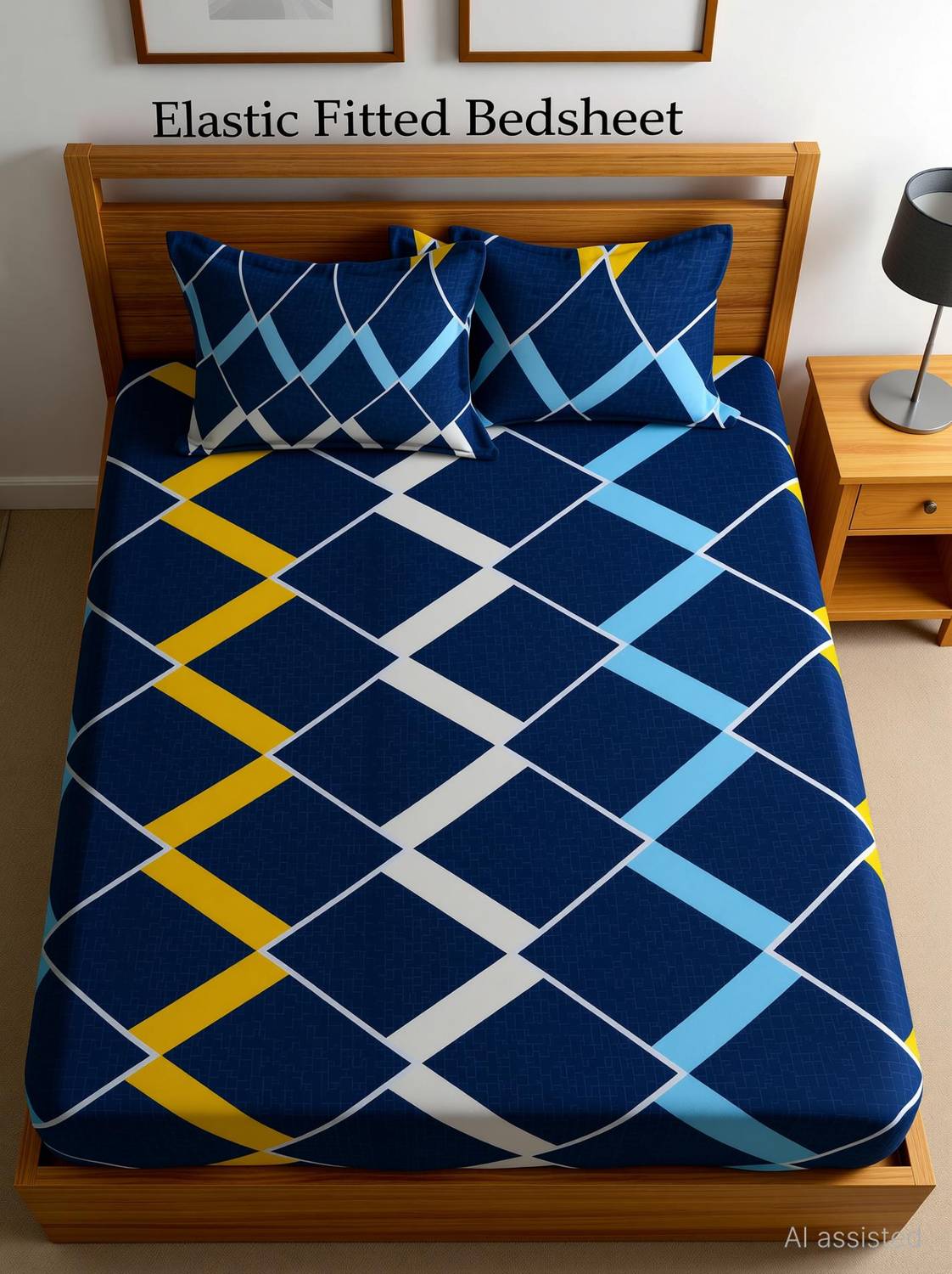 Amrange Microfiber King Fitted (Elastic) 210 TC Geometric 1 Bedsheet with 2 Pillow Covers