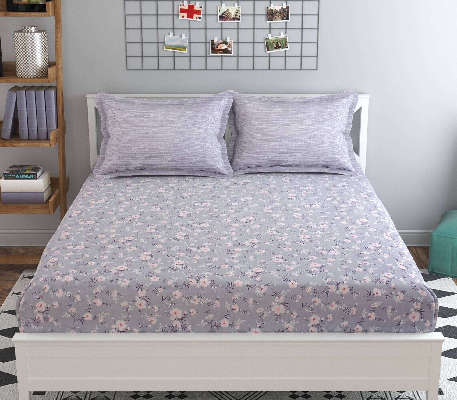 MAFATLALS Polycotton King Flat 210 TC Floral 1 Bedsheet with 2 Pi