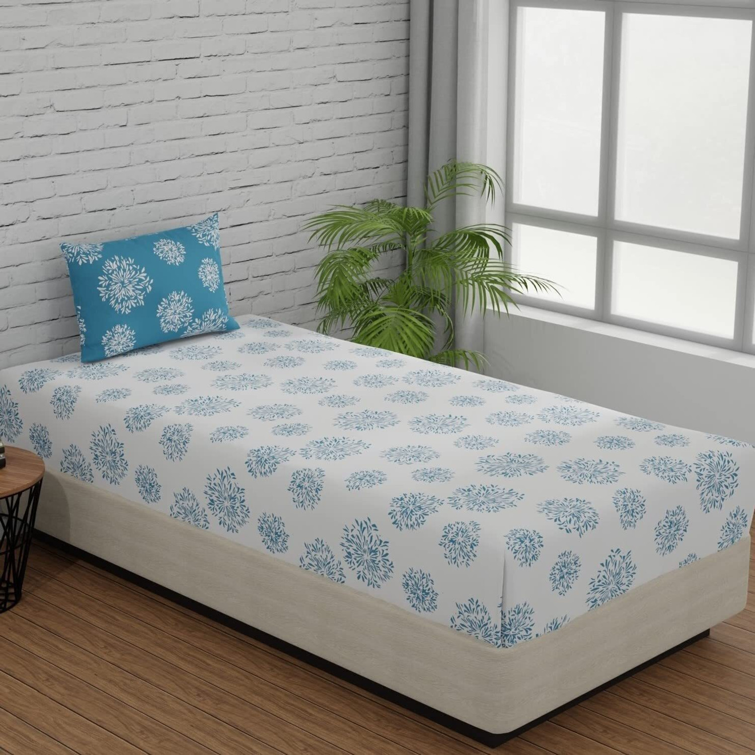 Image of Huesland Cotton Single Fitted (Elastic) 144 TC Floral 1 Bedsheet with 2 Pillow Covers