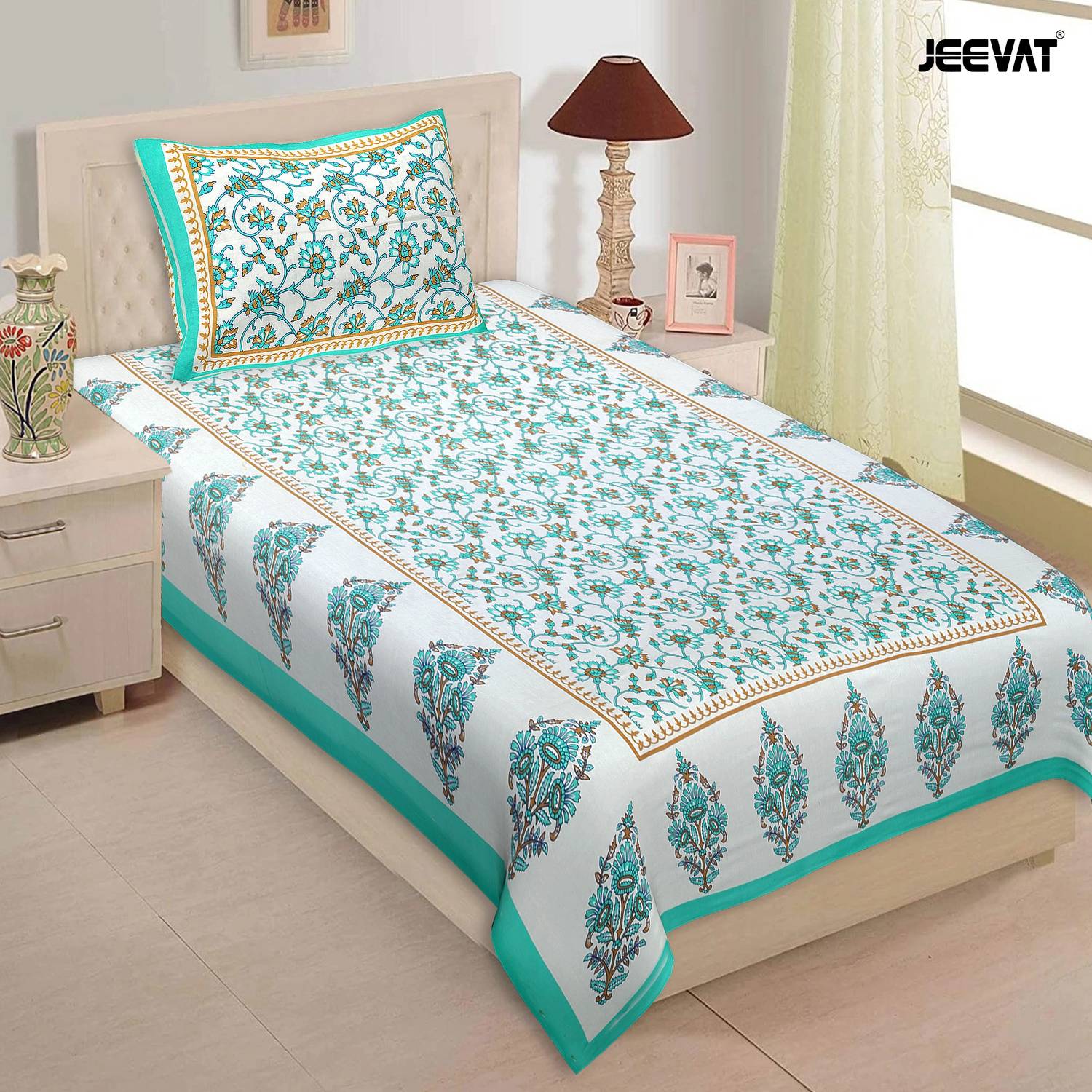 Jeevat Cotton Single Flat 144 TC Jaipuri Prints 1 Bedsheet with 2