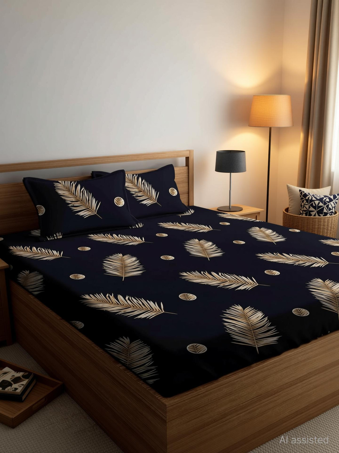 Image of Pacino Cotton Double Fitted (Elastic) 280 TC Floral 1 Bedsheet with 2 Pillow Covers
