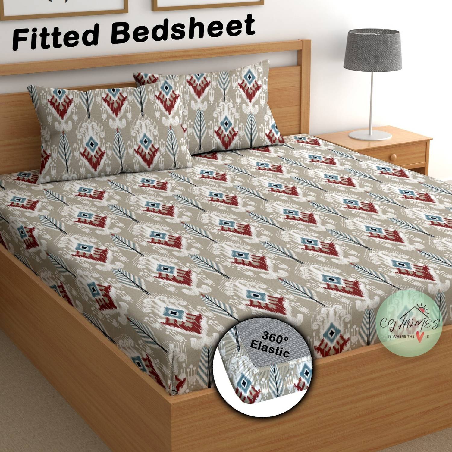 CG Homes Cotton Double Fitted (Elastic) 180 TC Printed 1 Bedsheet