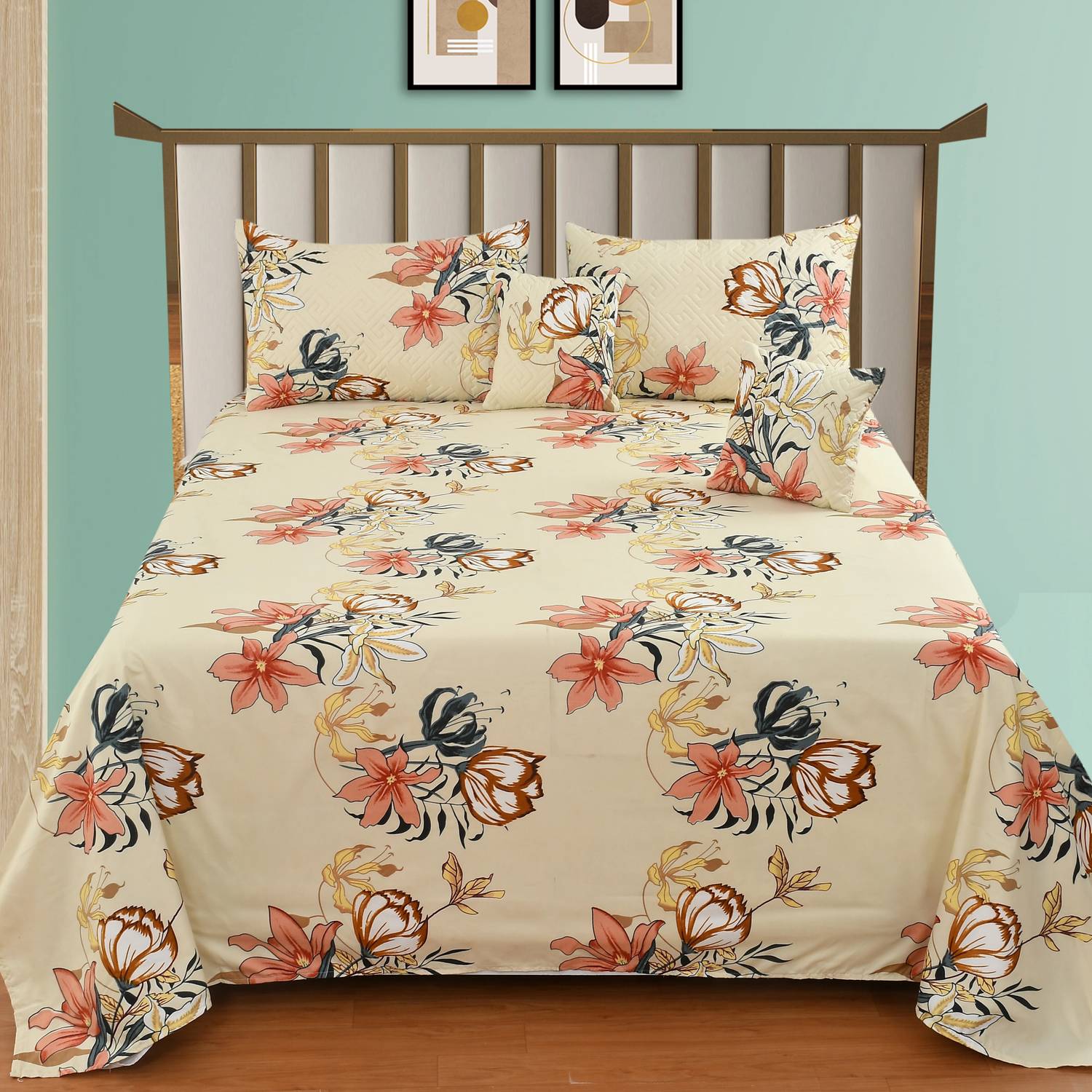 CLOVIS KRAFTS Cotton Double Flat 300 TC Printed 1 Bedsheet with 2