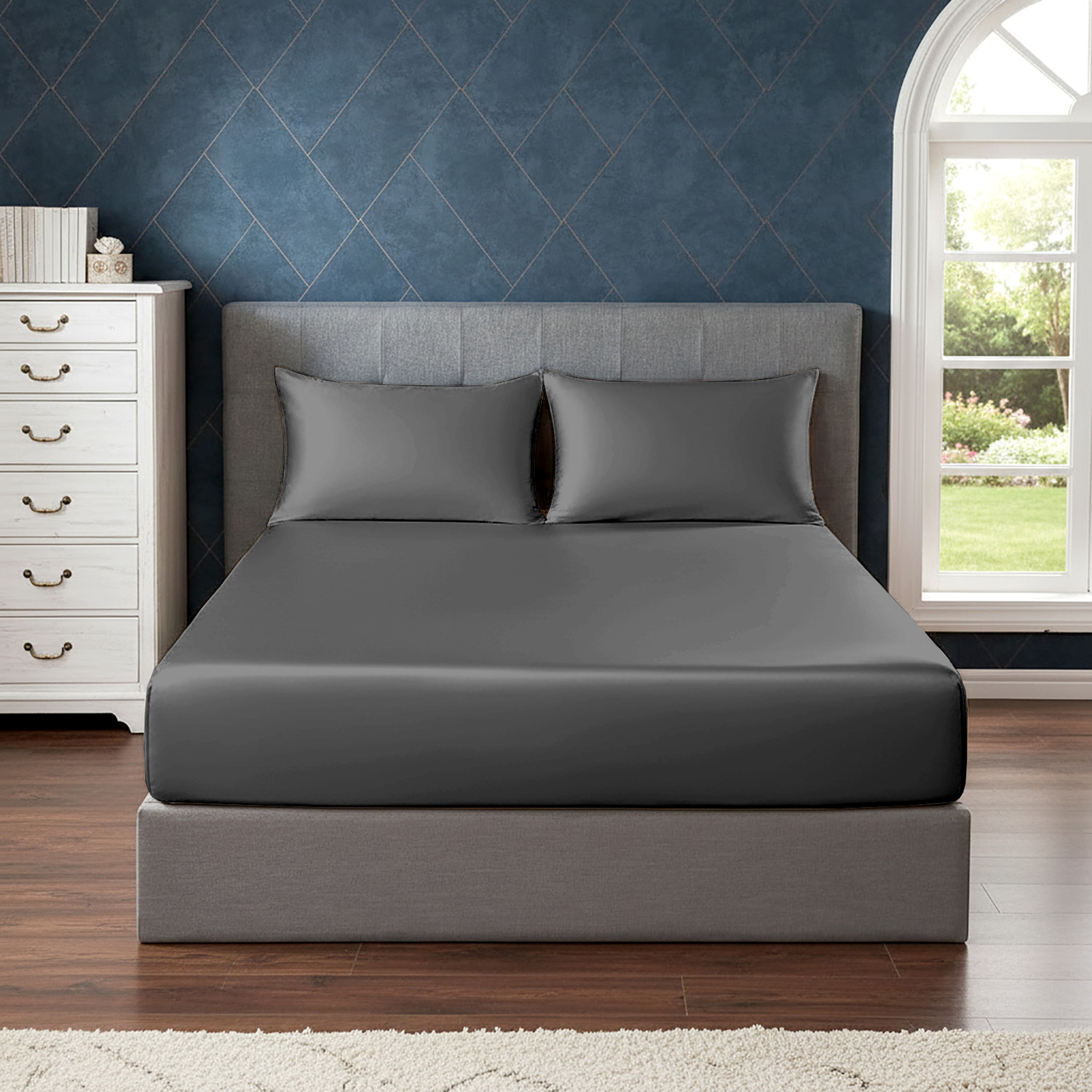 Image of pure eco Silk Single Fitted (Elastic) 400 TC Solid 1 Bedsheet with 2 Pillow Covers