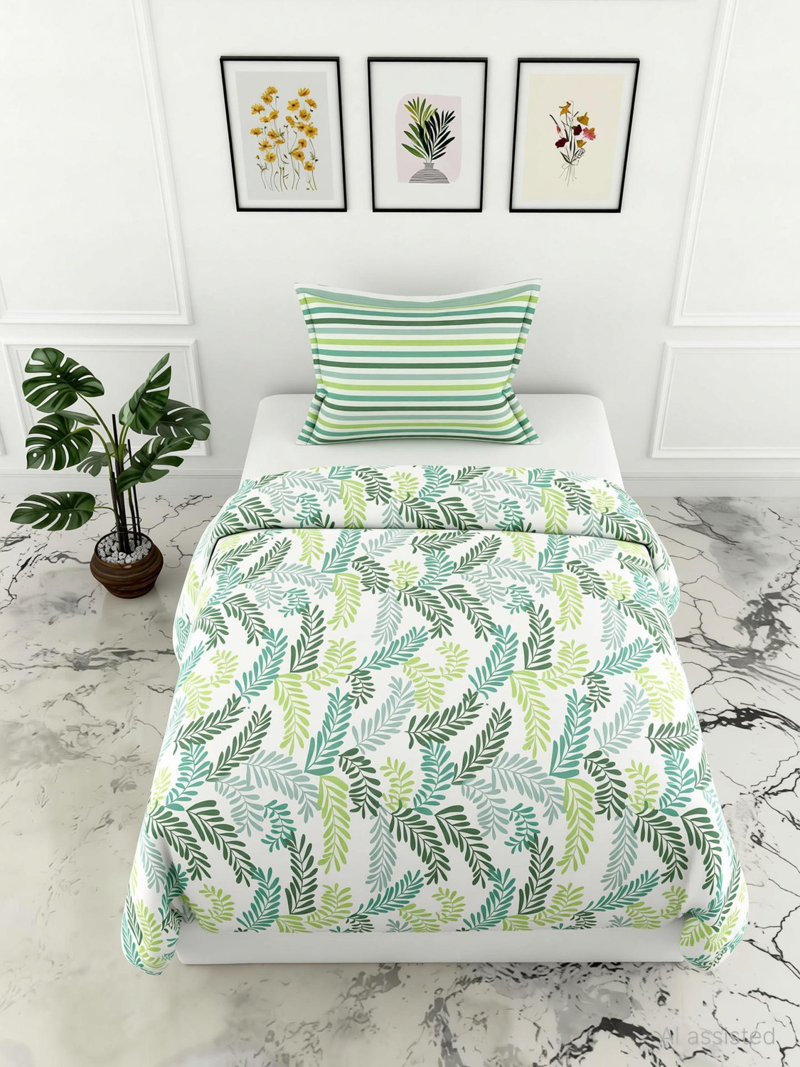 Image of LORETO Cotton Single Flat 144 TC Floral 1 Bedsheet with 2 Pillow Covers