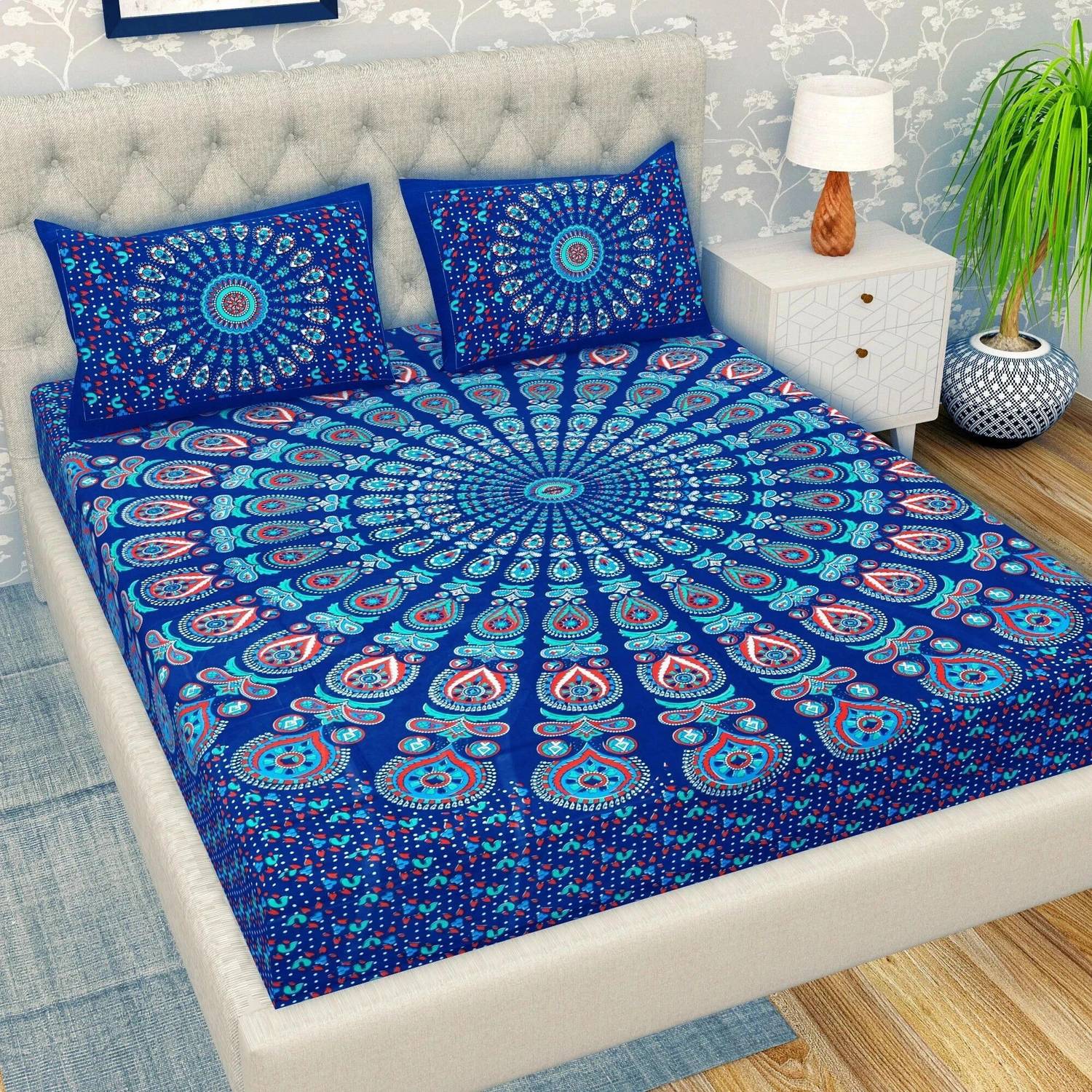 Leo Creation Cotton Double Flat 144 TC Jaipuri Prints 1 Bedsheet
