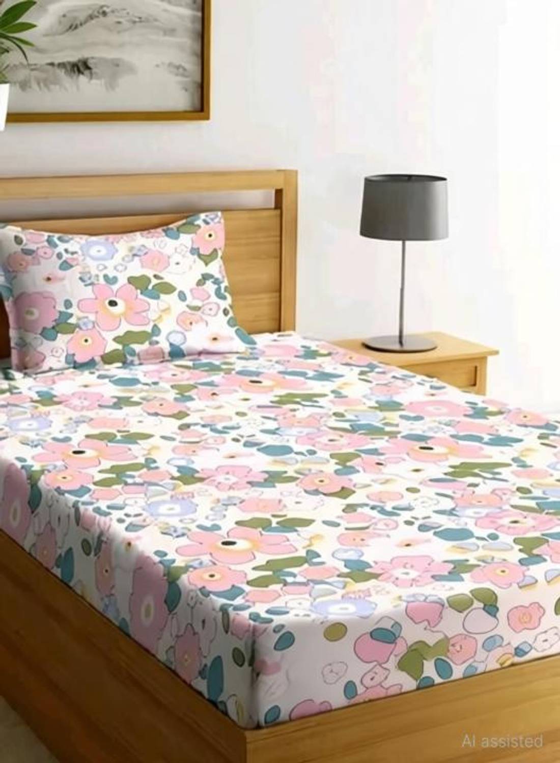 BeddingZone Cotton Single Fitted (Elastic) 210 TC Self Design 1 Bedsheet with 2 Pillow Covers, 2 Cushion Covers
