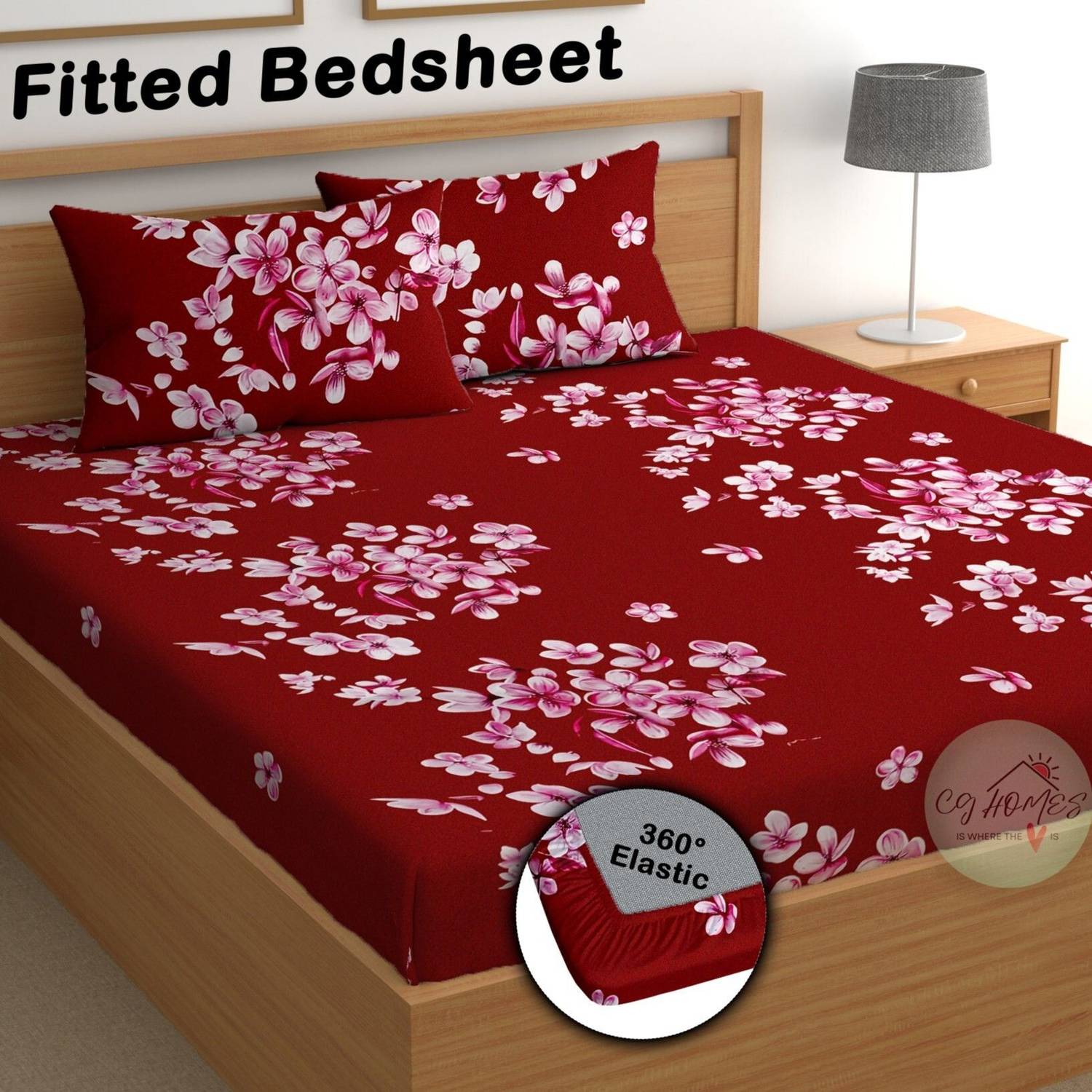 CG Homes Cotton Double Fitted (Elastic) 180 TC Printed 1 Bedsheet