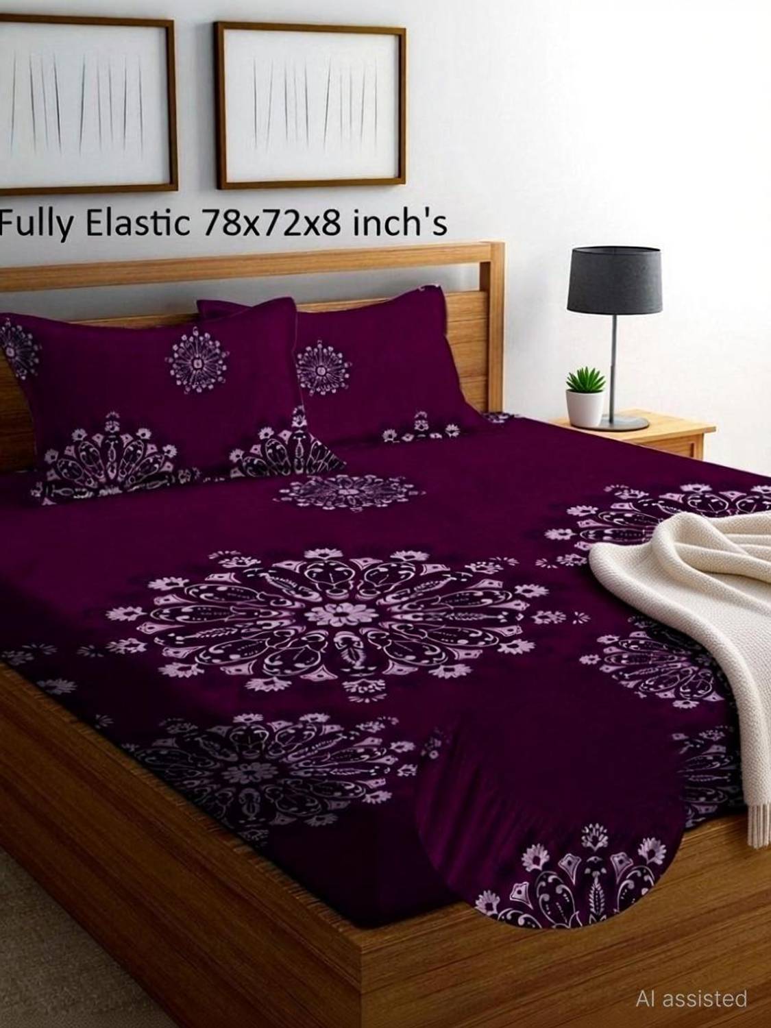 BEDORISM Cotton King Fitted (Elastic) 300 TC Printed 1 Bedsheet with 2 Pillow Covers