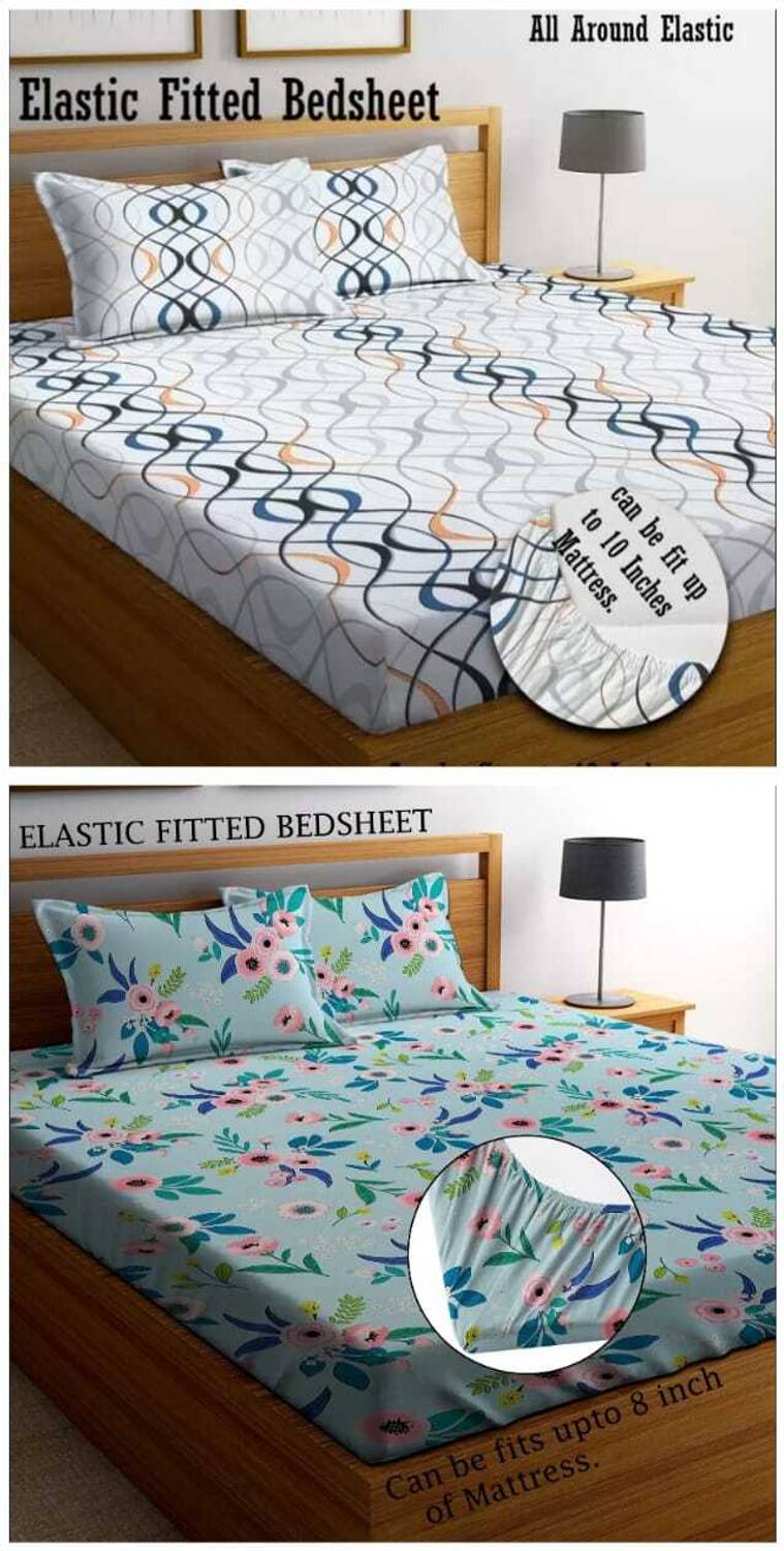 Amrange Cotton King Fitted (Elastic) 210 TC 3D Printed 2 Bedsheets with 4 Pillow Covers