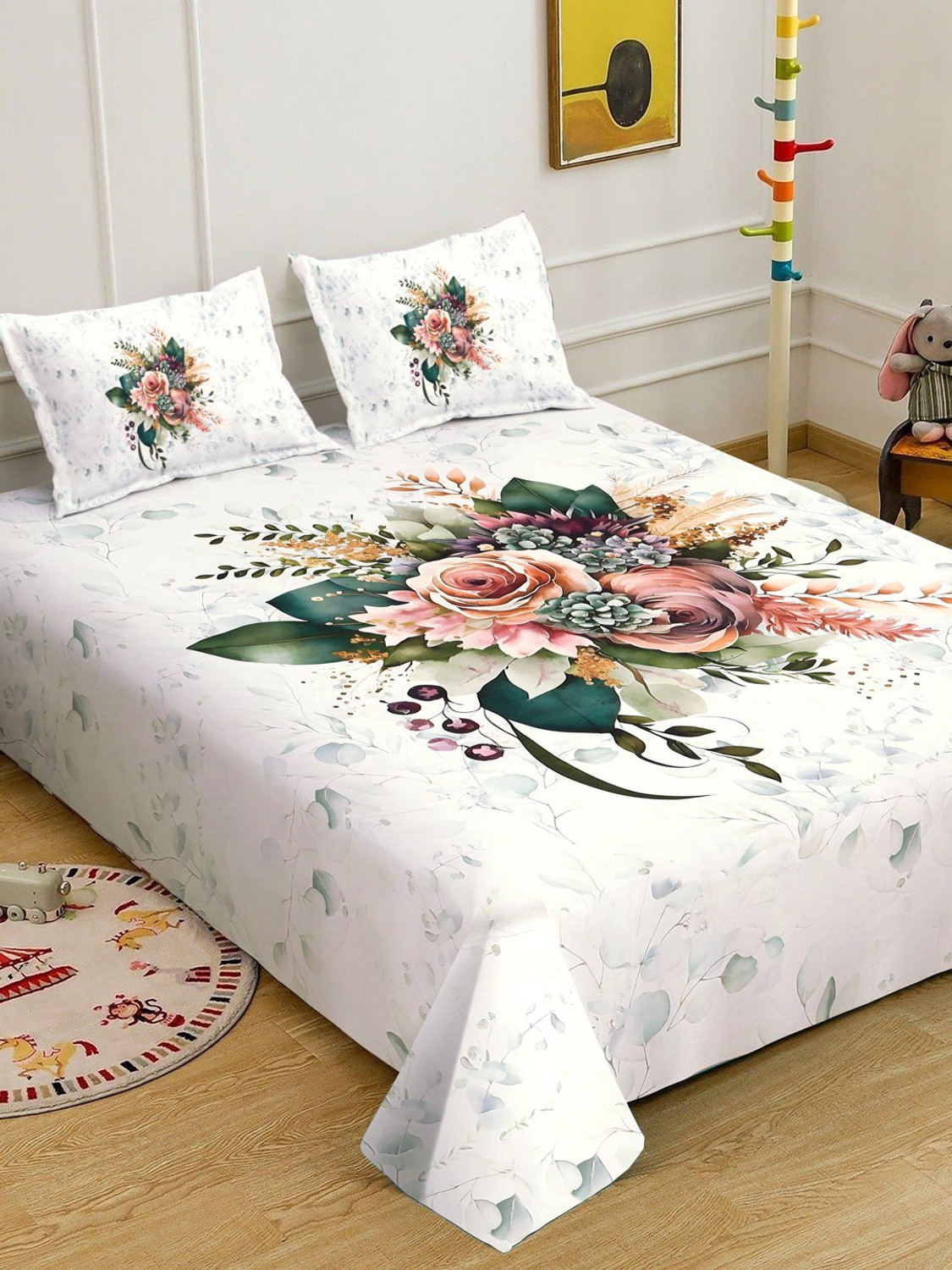Image of Klotthe Cotton Blend King Flat 400 TC Floral 1 Bedsheet
