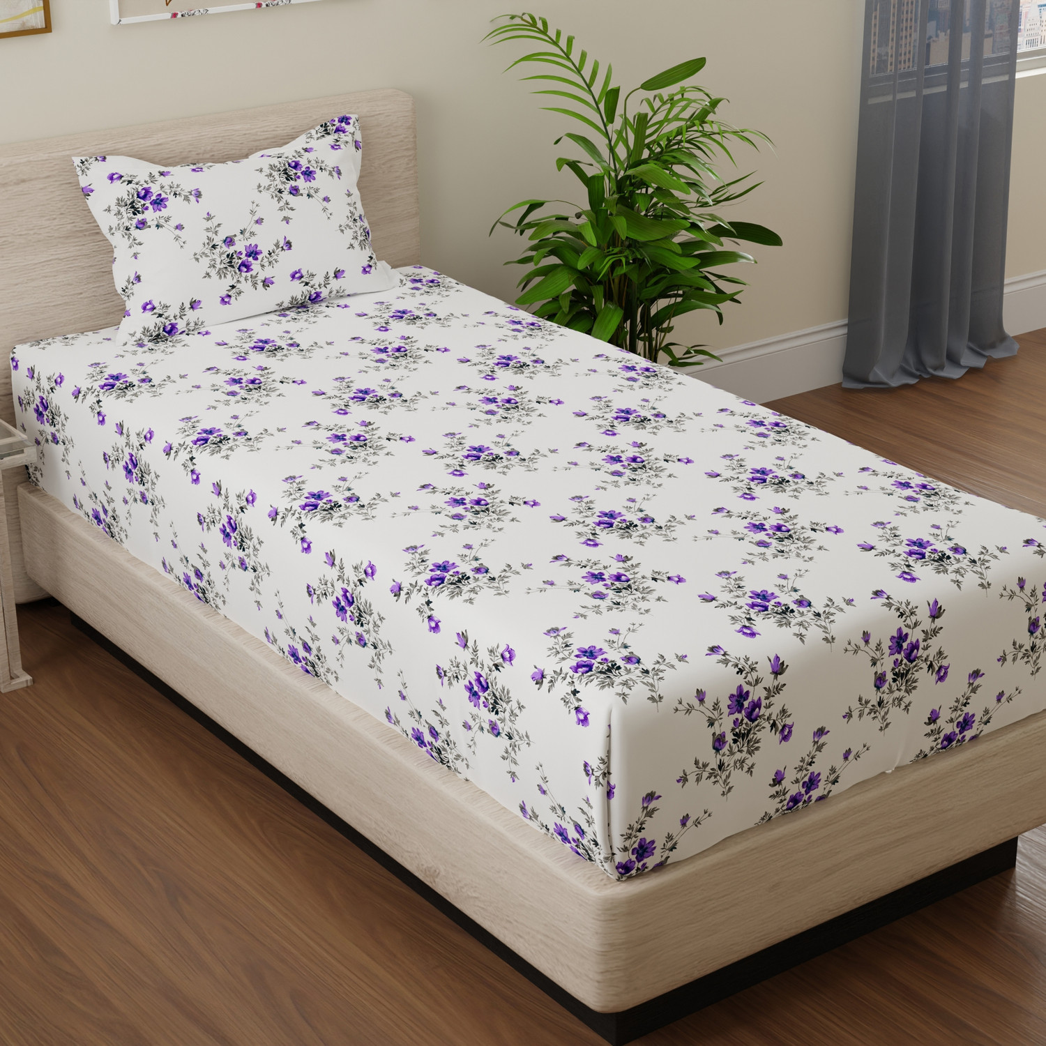 Image of Huesland Cotton Single Flat 144 TC Floral 1 Bedsheet with 2 Pillow Covers