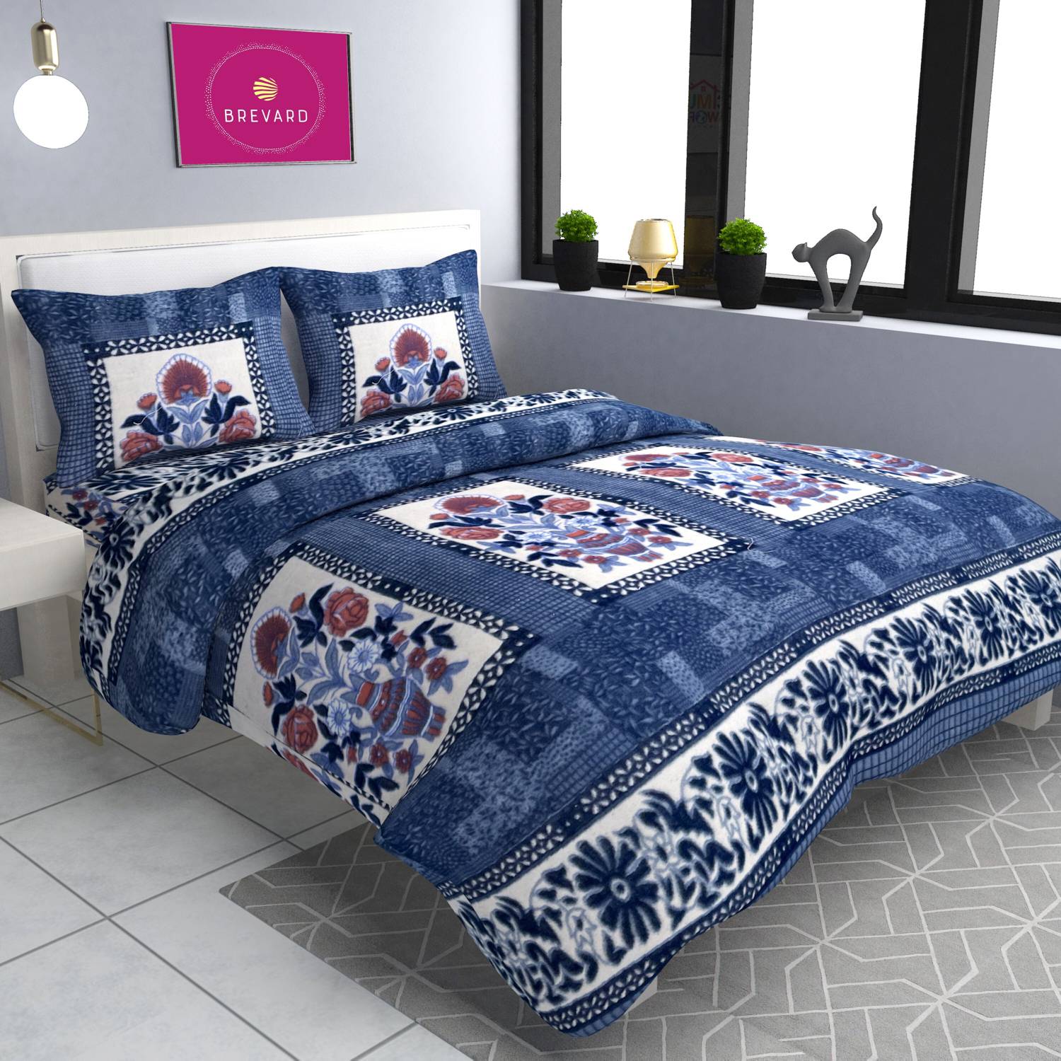 BREVARD Cotton King Fitted (Elastic) 200 TC Printed 1 Bedsheet with 2 Pillow Covers