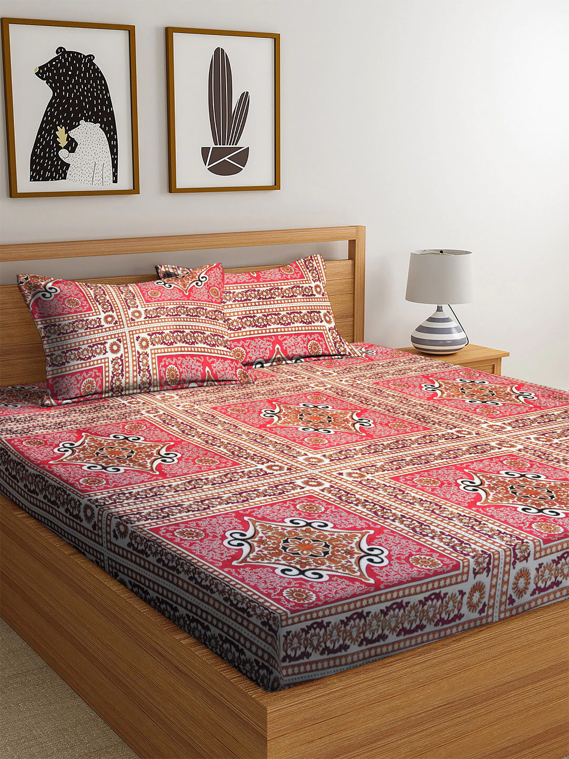 Image of Flipkart SmartBuy Cotton Double Fitted (Elastic) 104 TC Jaipuri Prints 2 Bedsheets