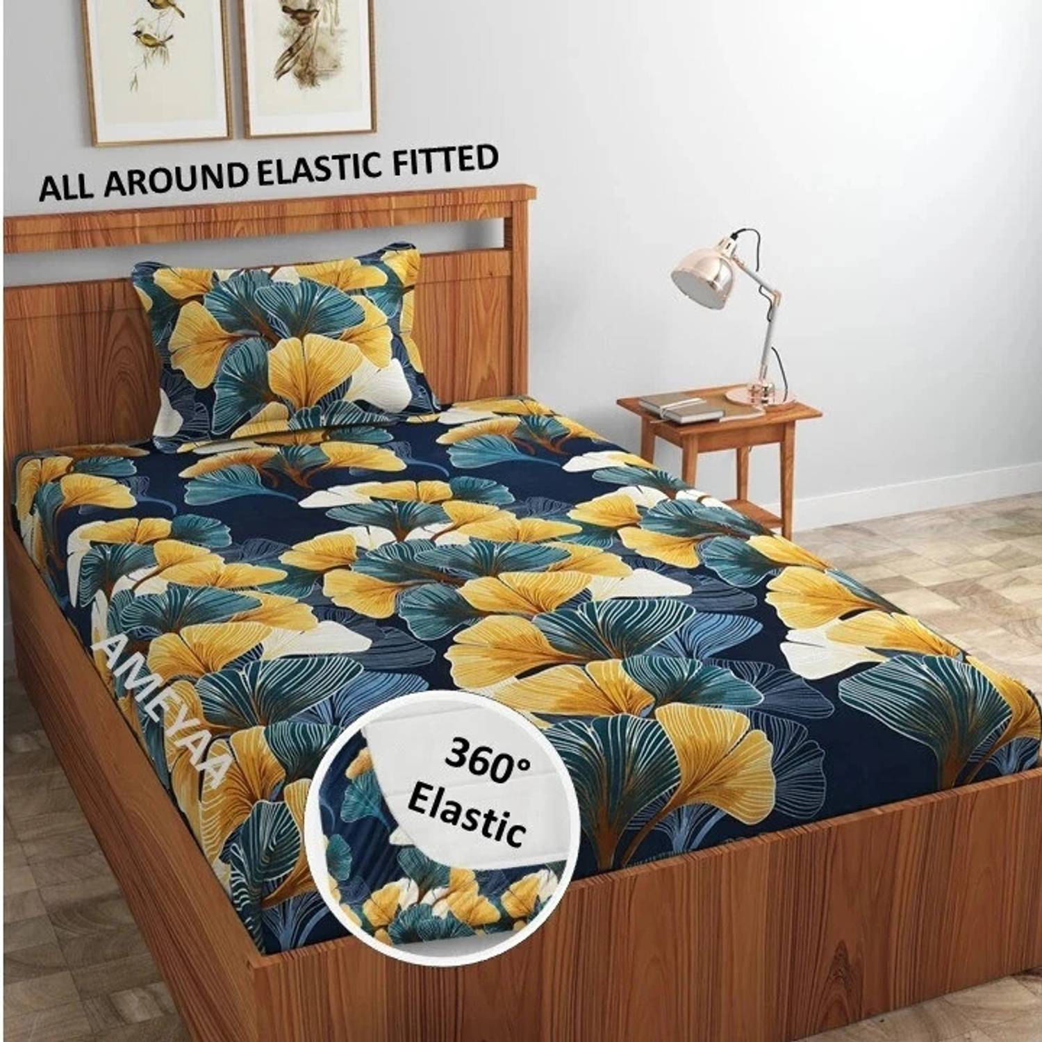 AMEYAA Cotton Single Fitted (Elastic) 320 TC Printed 1 Bedsheet w