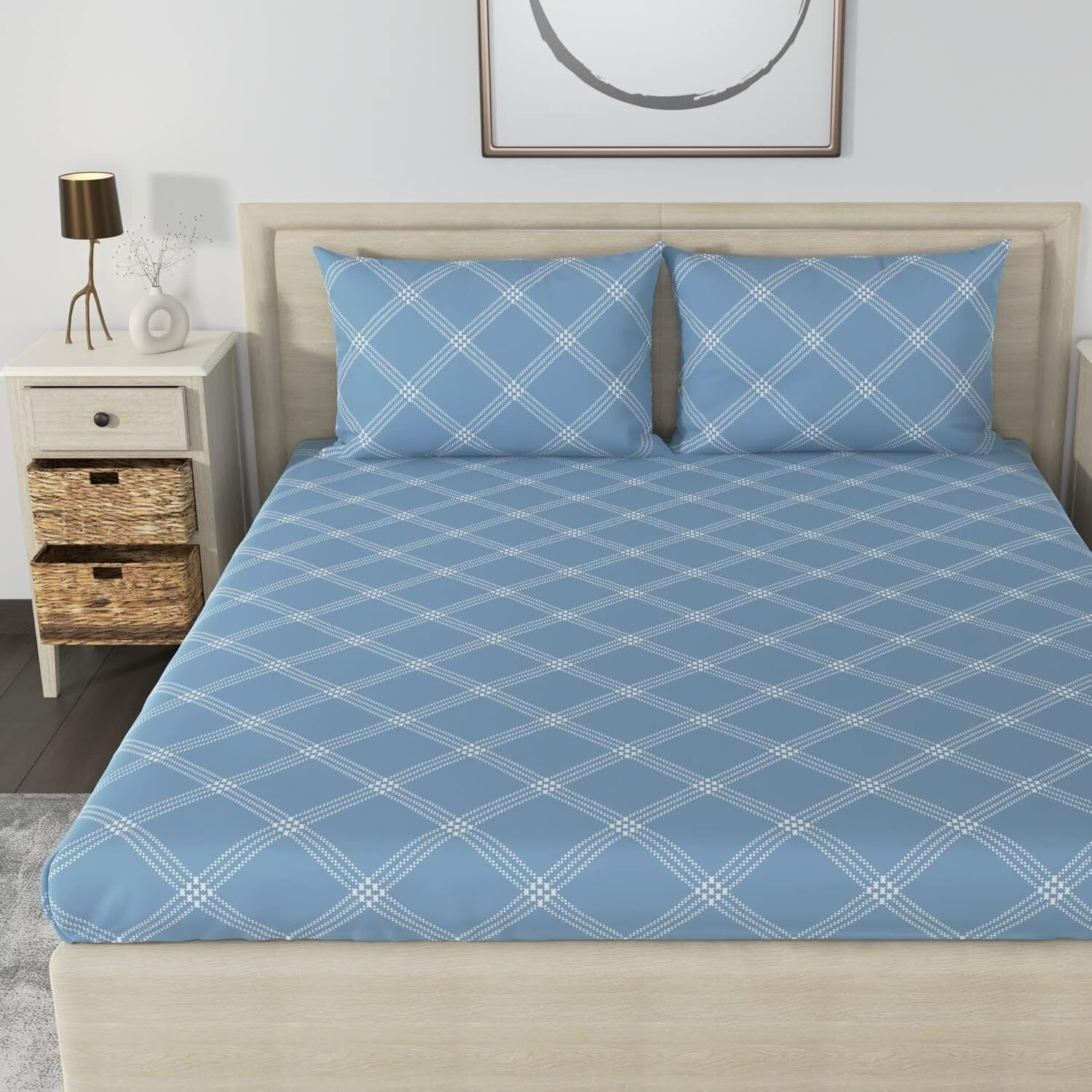 Image of Huesland Cotton King Fitted (Elastic) 210 TC Geometric 1 Bedsheet with 2 Pillow Covers