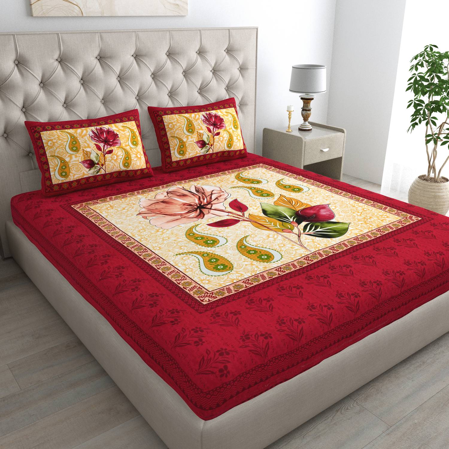 Cosito Cotton Double Flat 144 TC Printed 1 Bedsheet with 2 Pillow