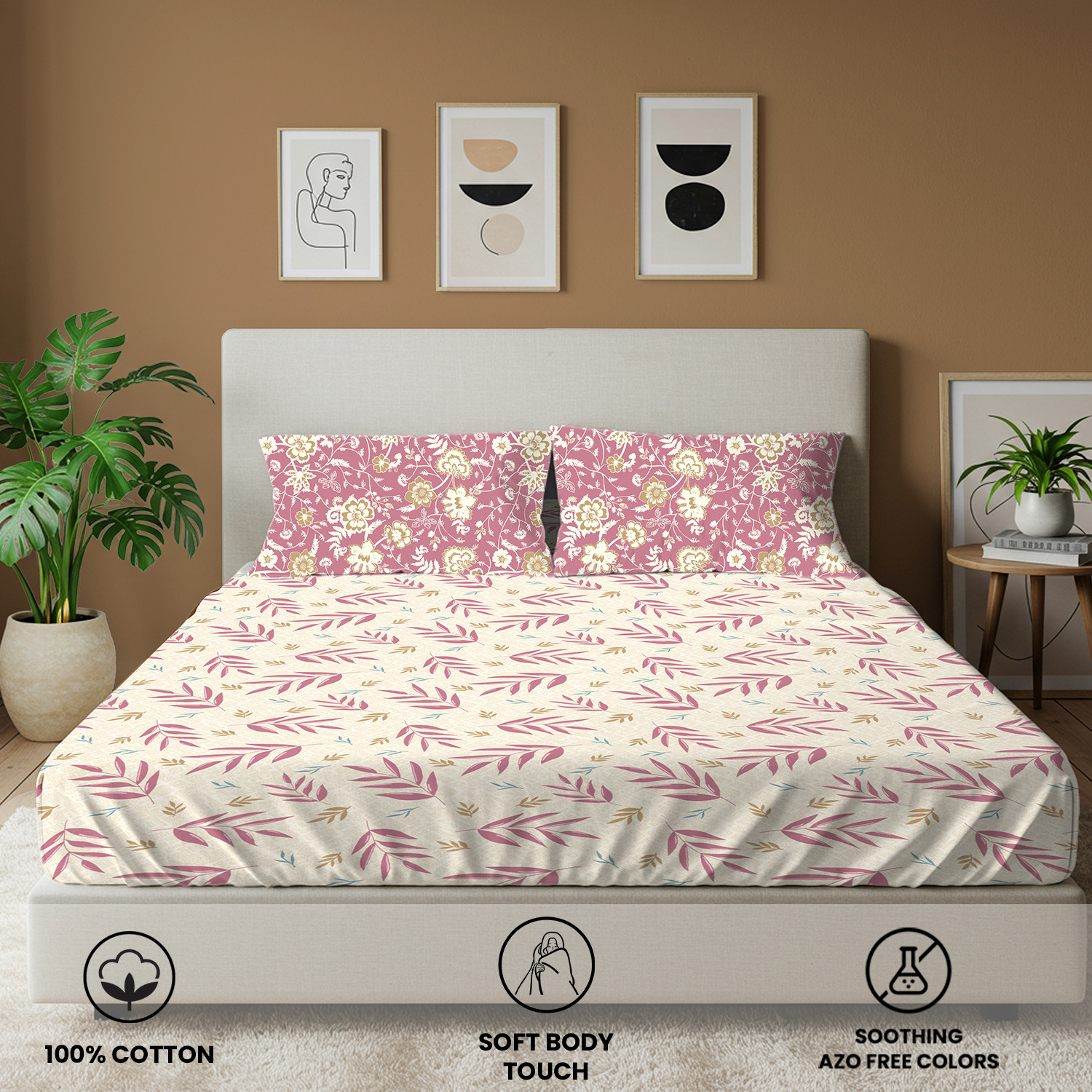 Image of Urban Space Cotton King Fitted (Elastic) 144 TC Printed 1 Bedsheet with 2 Pillow Covers