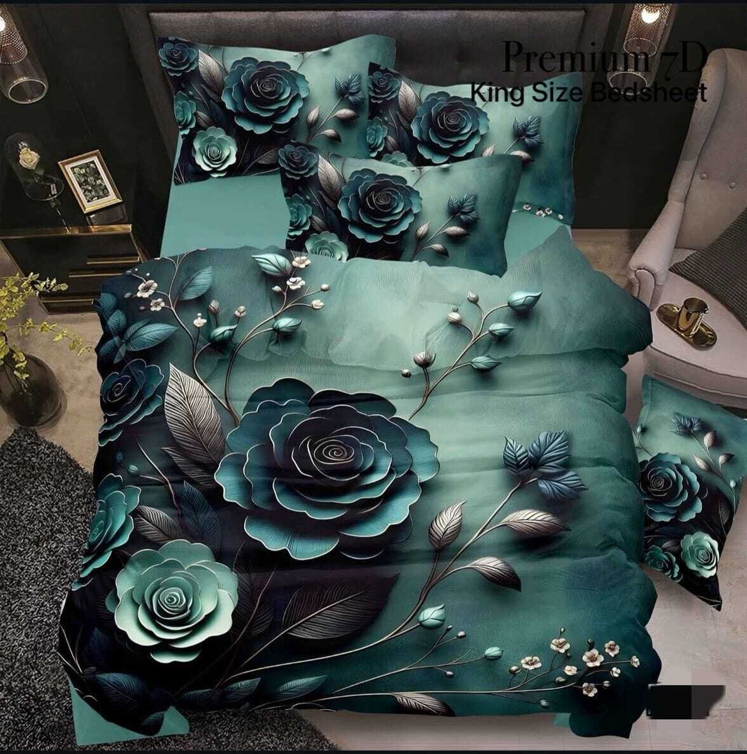 Image of Shridarsh creations Cotton Blend Double Flat 180 TC 7D Digital 1 Summer Bedsheet with 2 Pillow Covers, 2 Cushion Covers