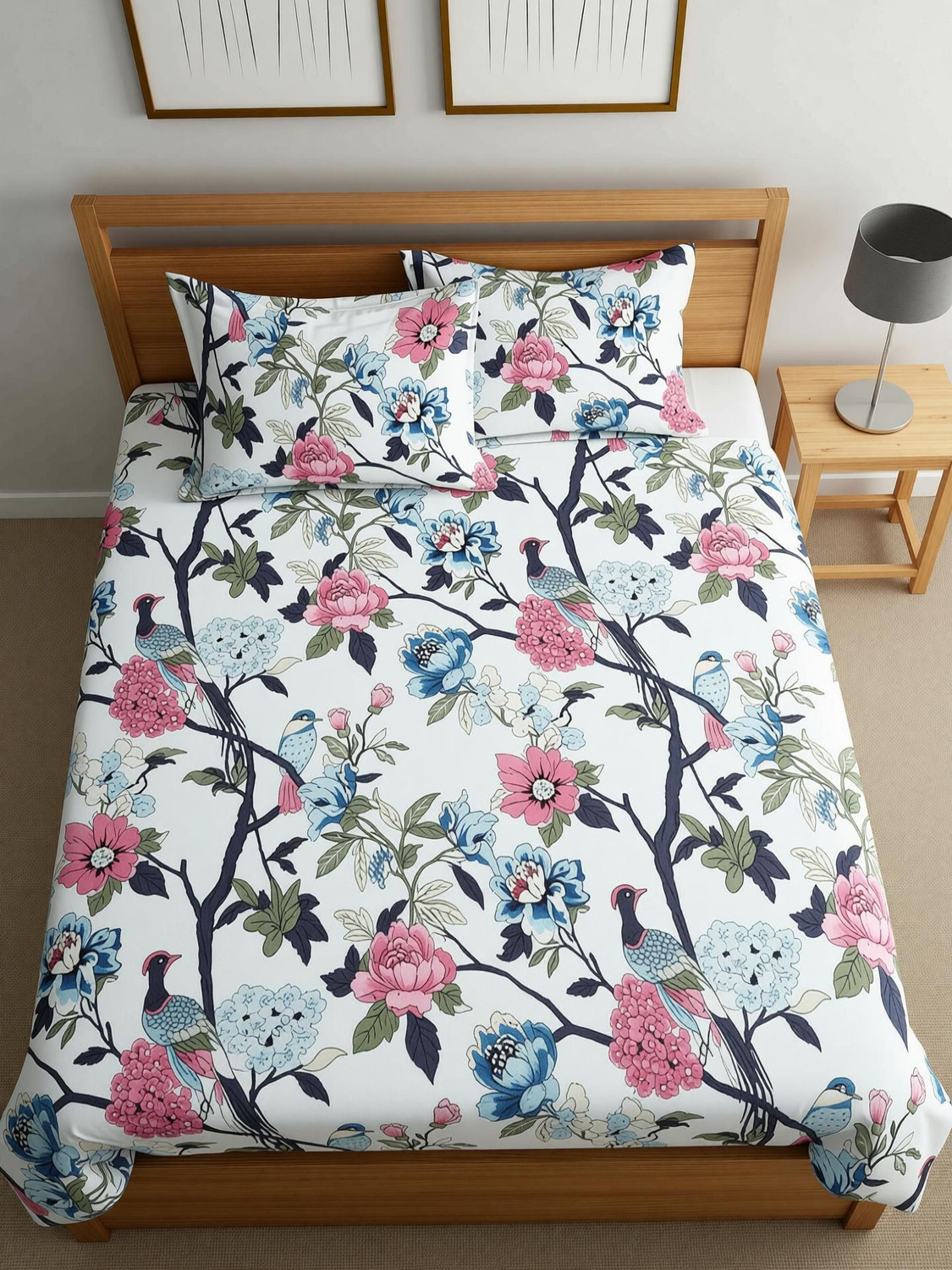Image of KURRY HOME FURNISHING Microfiber King Fitted (Elastic) 250 TC Floral 1 Bedsheet with 2 Pillow Covers