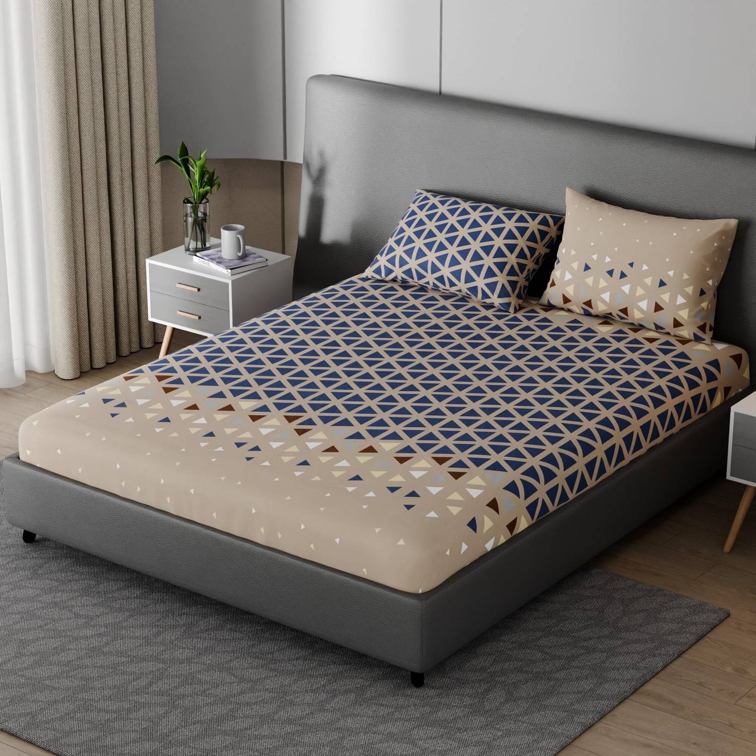 BLISSHOME Cotton King Fitted 150 TC Geometric Bedsheet with Pillow - Image 1