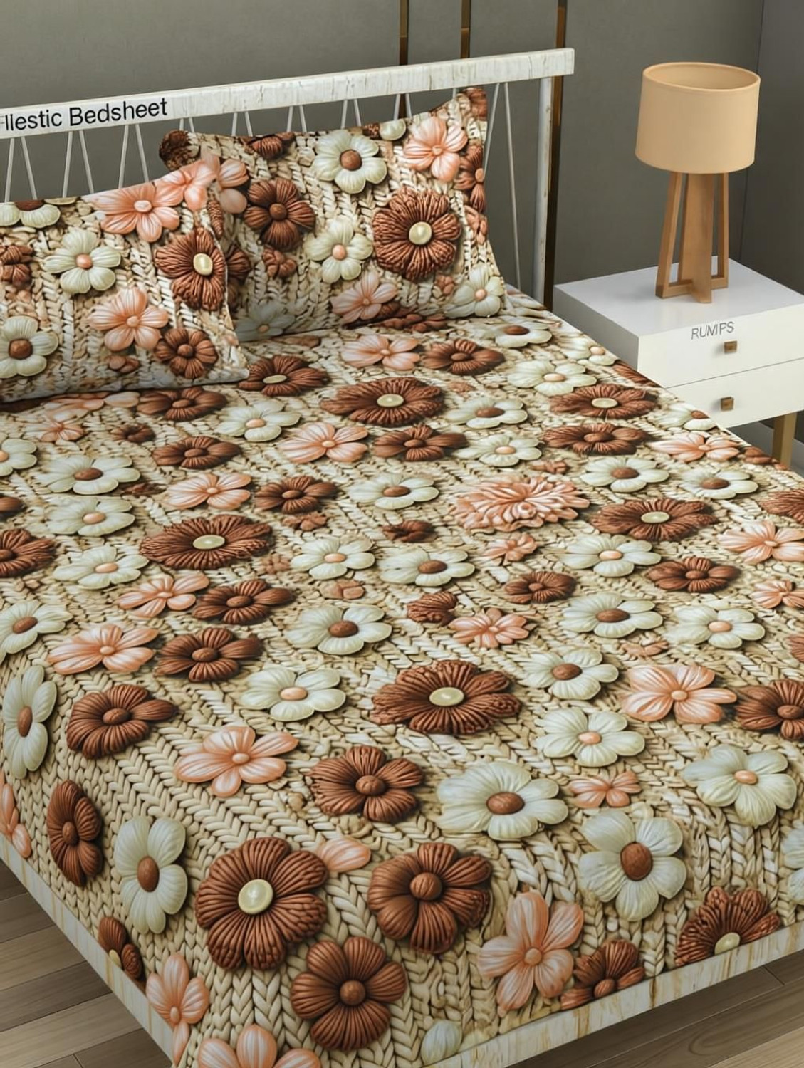 Image of Roxine Cotton King, Queen, Double Fitted (Elastic) 380 TC Self Design 1 Bedsheet with 2 Pillow Covers