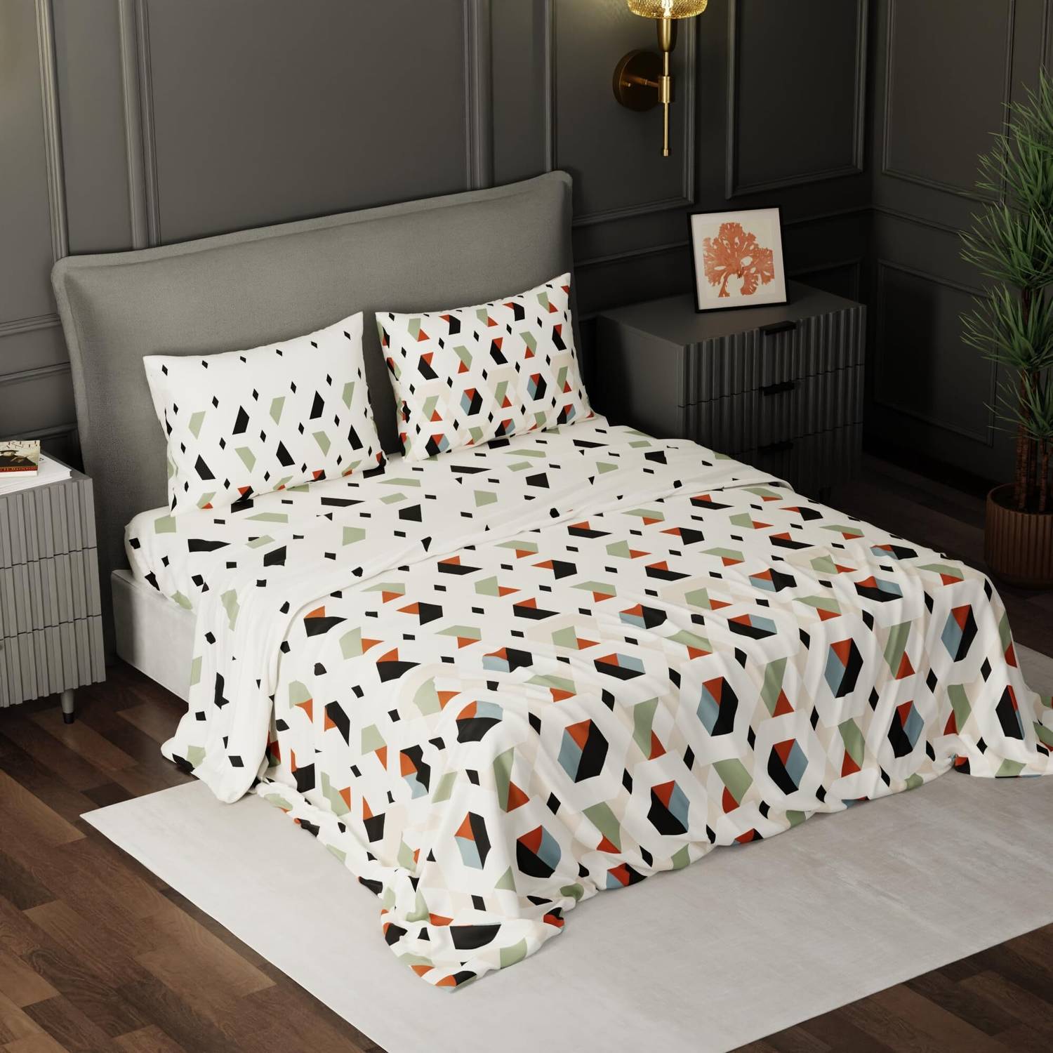 BLISSHOME Cotton King Flat 150 TC Geometric 1 Winter Bedsheet with 2 Pillow Covers