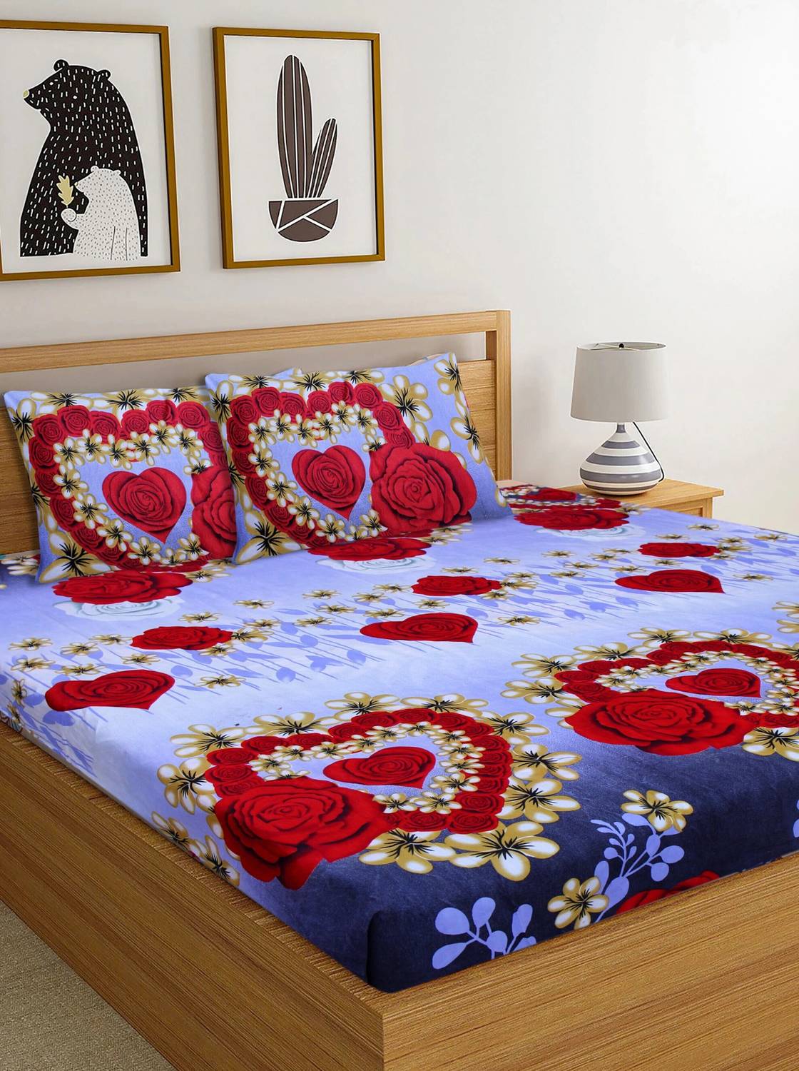 Diksha Polycotton Double Flat 160 TC 3D Printed 1 Bedsheet with 2
