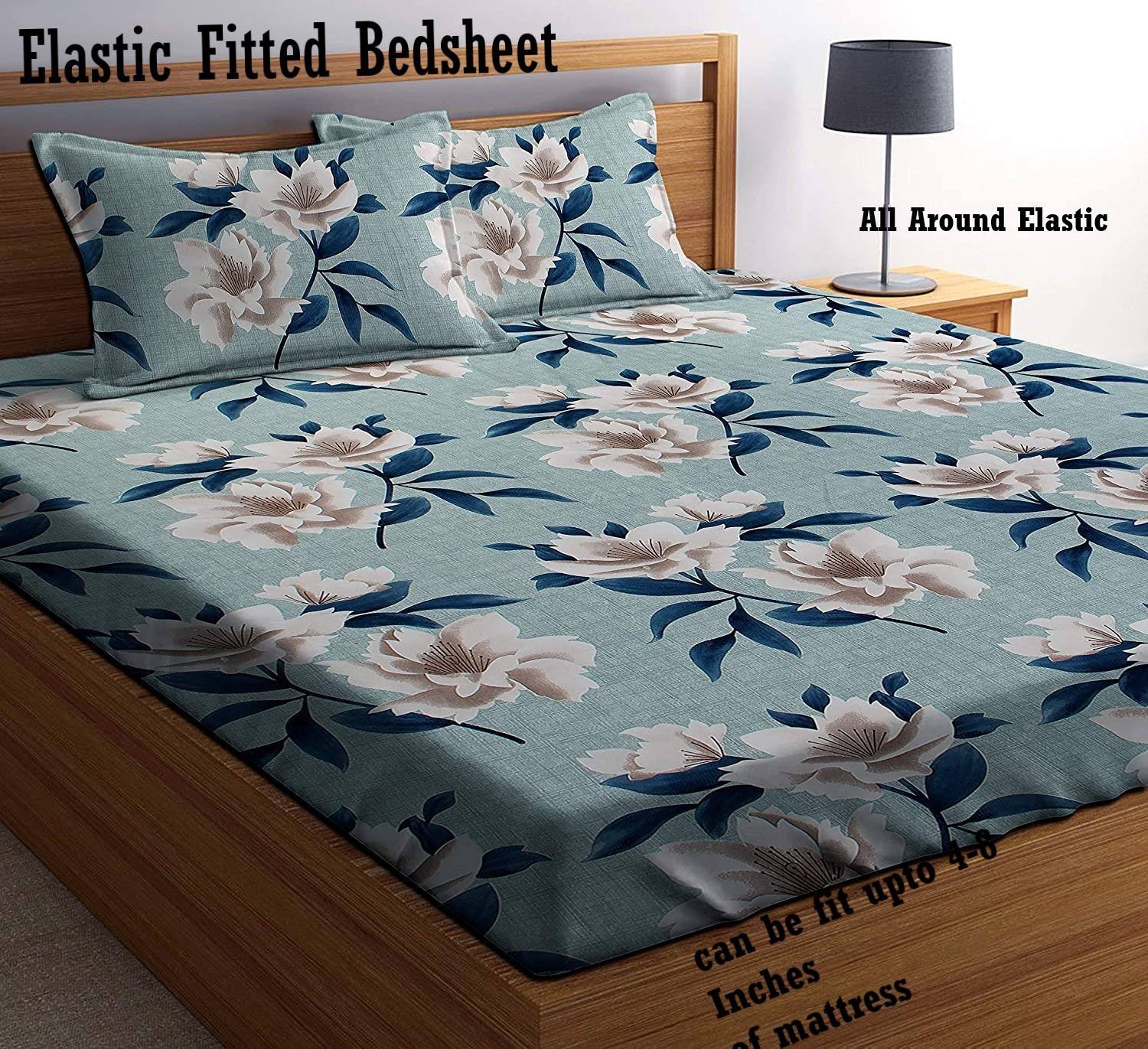 Amrange Cotton King Fitted (Elastic) 210 TC 3D Printed 1 Bedsheet with 2 Pillow Covers