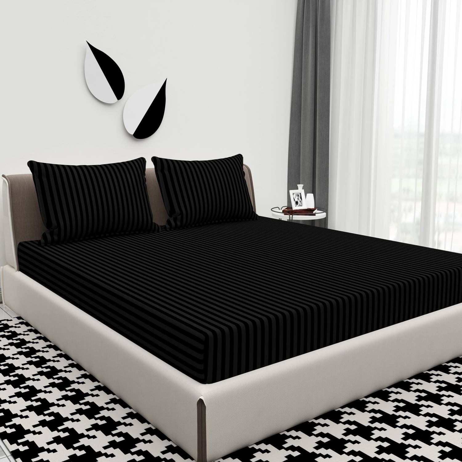BROMWICK Microfiber Double Flat 300 TC Striped 1 Bedsheet with 2