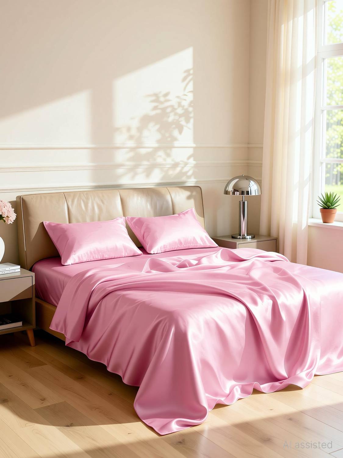 ALISHIBACASA Silk Single Flat 400 TC Solid 1 Summer Bedsheet with 2 Pillow Covers