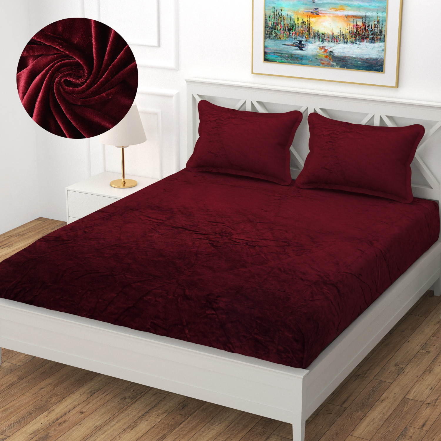 Image of real dream Velvet Double Fitted (Elastic) 310 TC Solid 1 Winter Bedsheet with 2 Pillow Covers