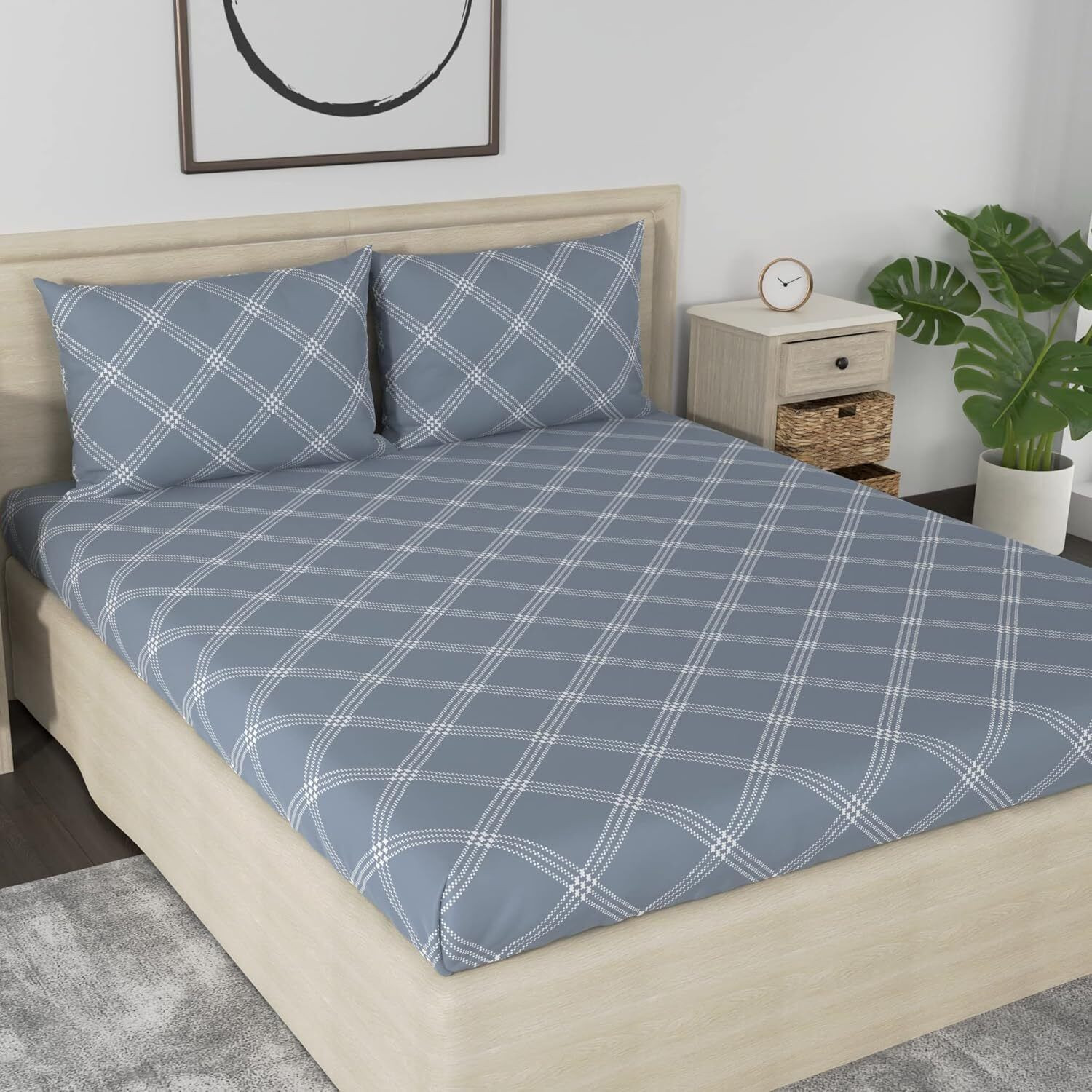 Image of Huesland Cotton Double Fitted (Elastic) 210 TC Geometric 1 Bedsheet with 2 Pillow Covers