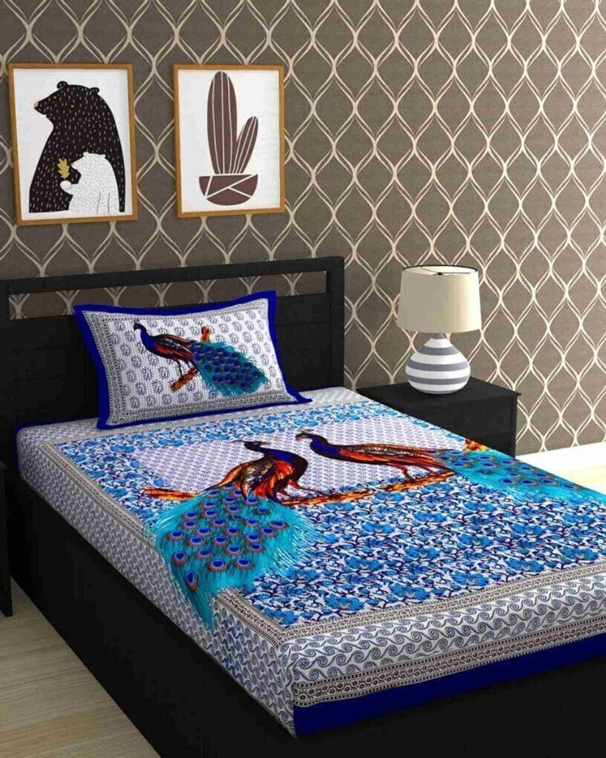 Image of COTSO Cotton Single Flat 144 TC Jaipuri Prints 1 Bedsheet with 2 Pillow Covers